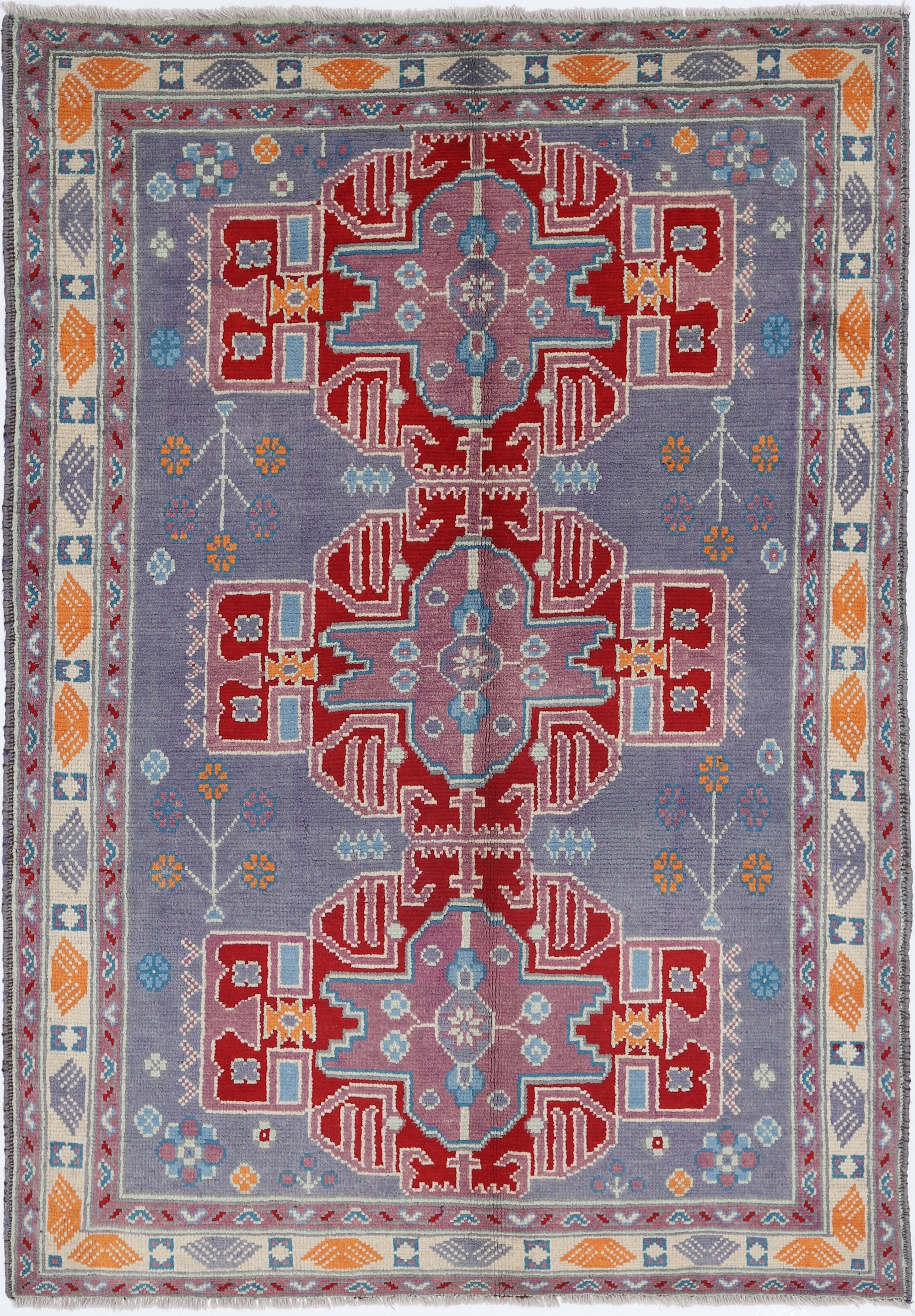 Grey Hand-Knotted Tribal Geometric Wool Rug - 4'10" x 6'11"