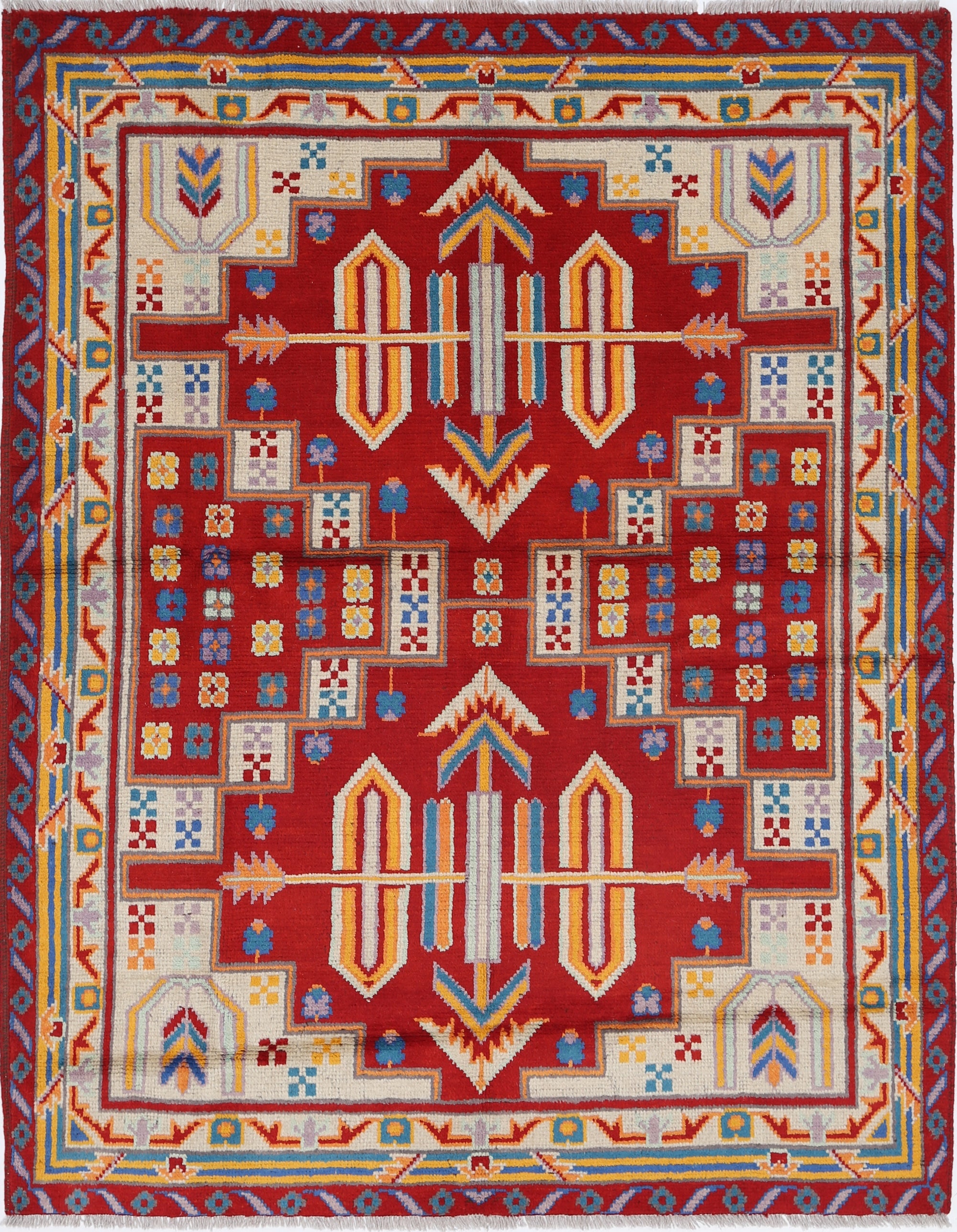 Red Hand-Knotted Tribal Geometric Wool Rug - 5'0" x 6'5"