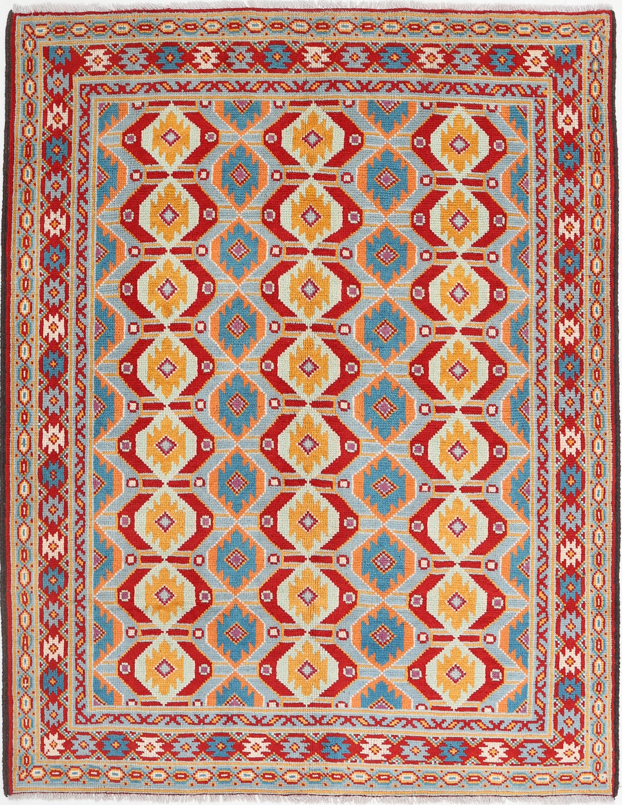Red Hand-Knotted Tribal Geometric Wool Rug - 5'1" x 6'8"