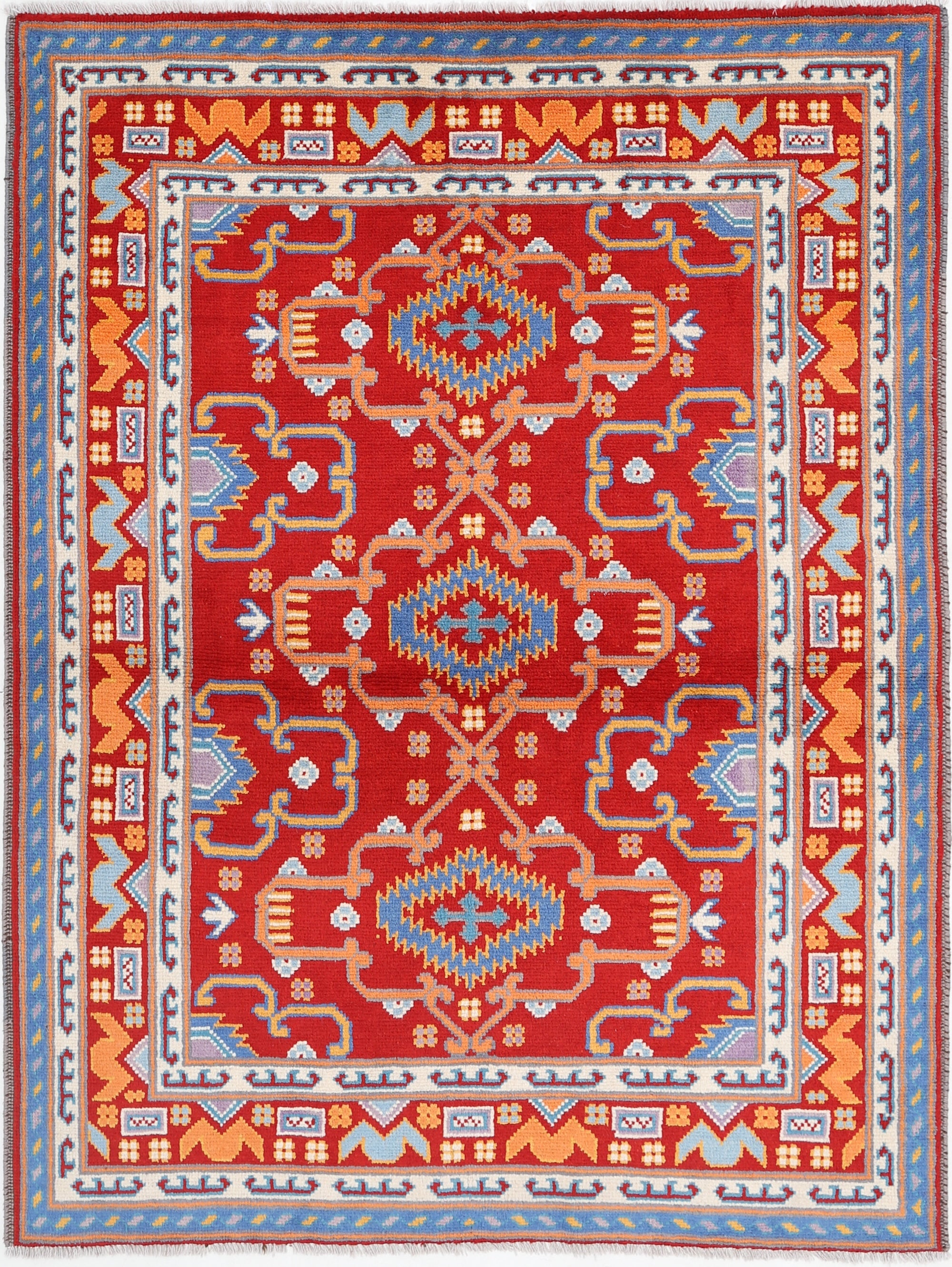 Red Hand-Knotted Tribal Geometric Wool Rug - 4'10" x 6'6"