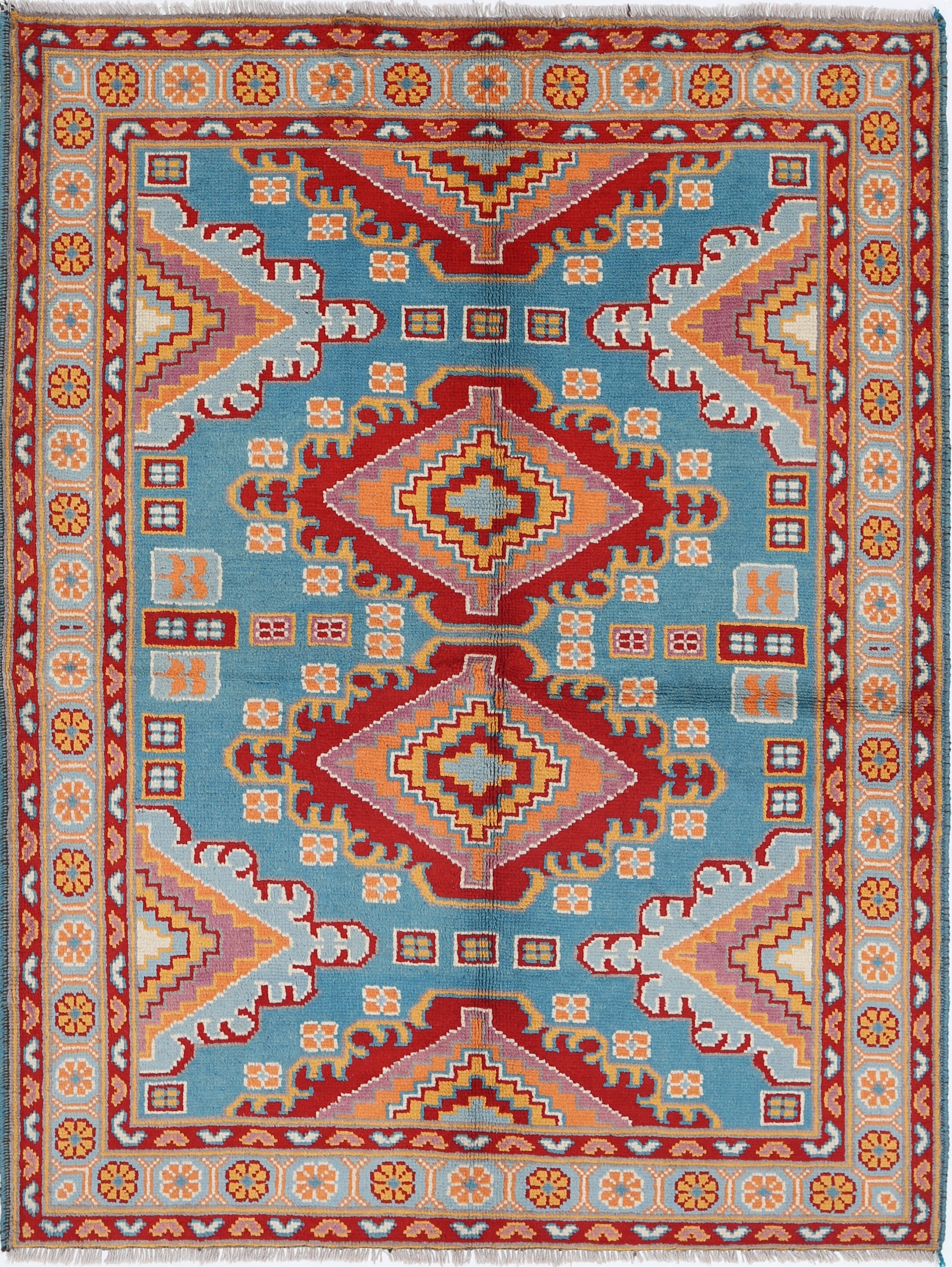 Teal Hand-Knotted Tribal Geometric Wool Rug - 4'11" x 6'8"