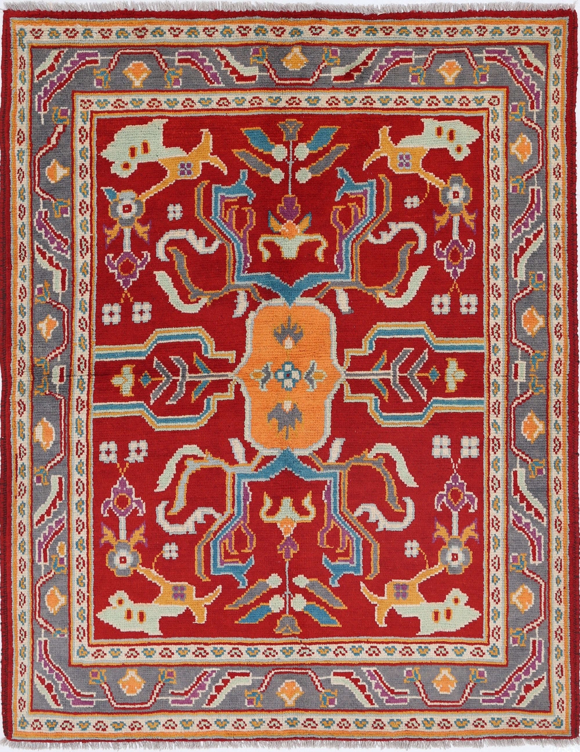 Red Hand-Knotted Tribal Geometric Wool Rug - 4'11" x 6'5"