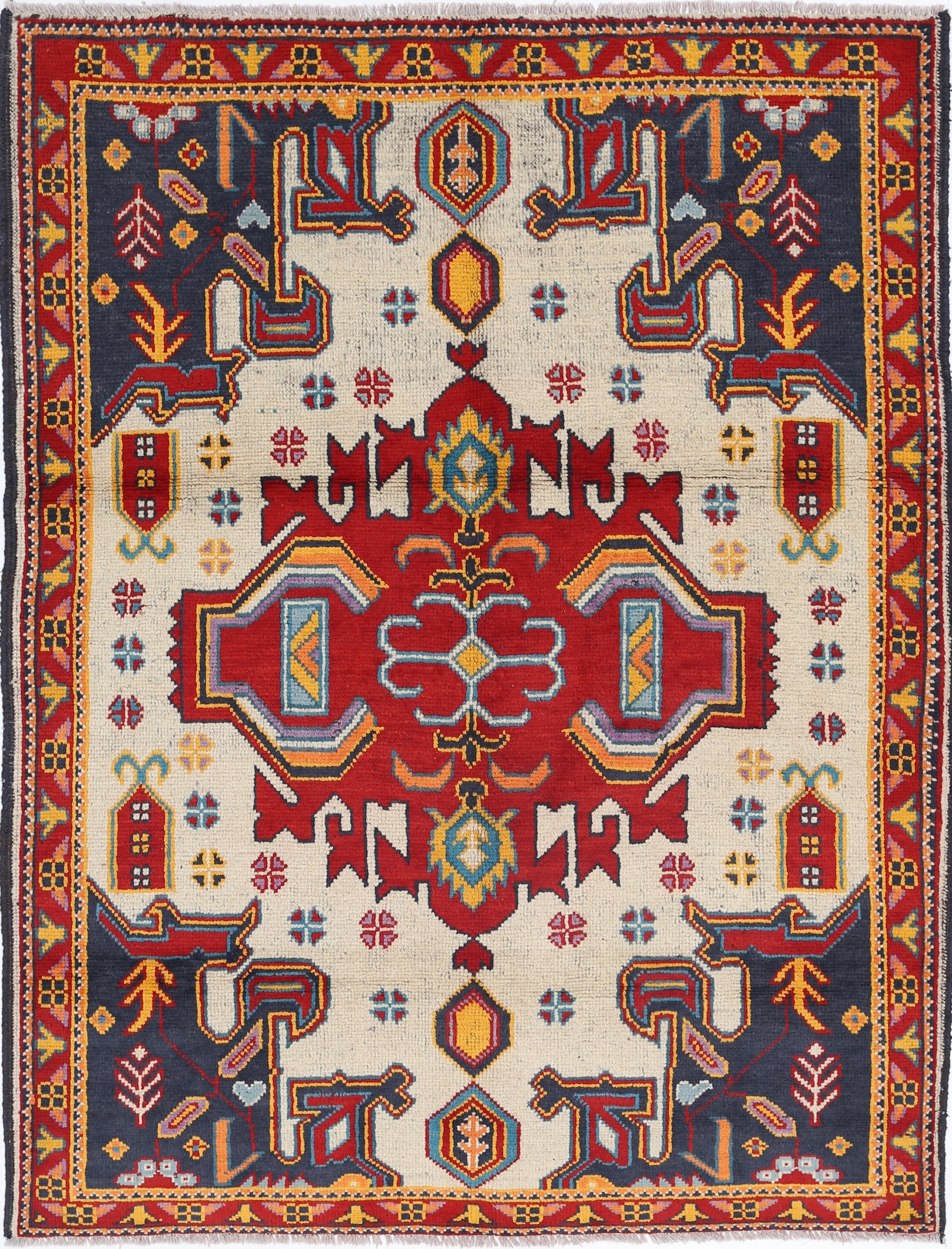 Ivory Hand-Knotted Tribal Geometric Wool Rug - 4'11" x 6'5"