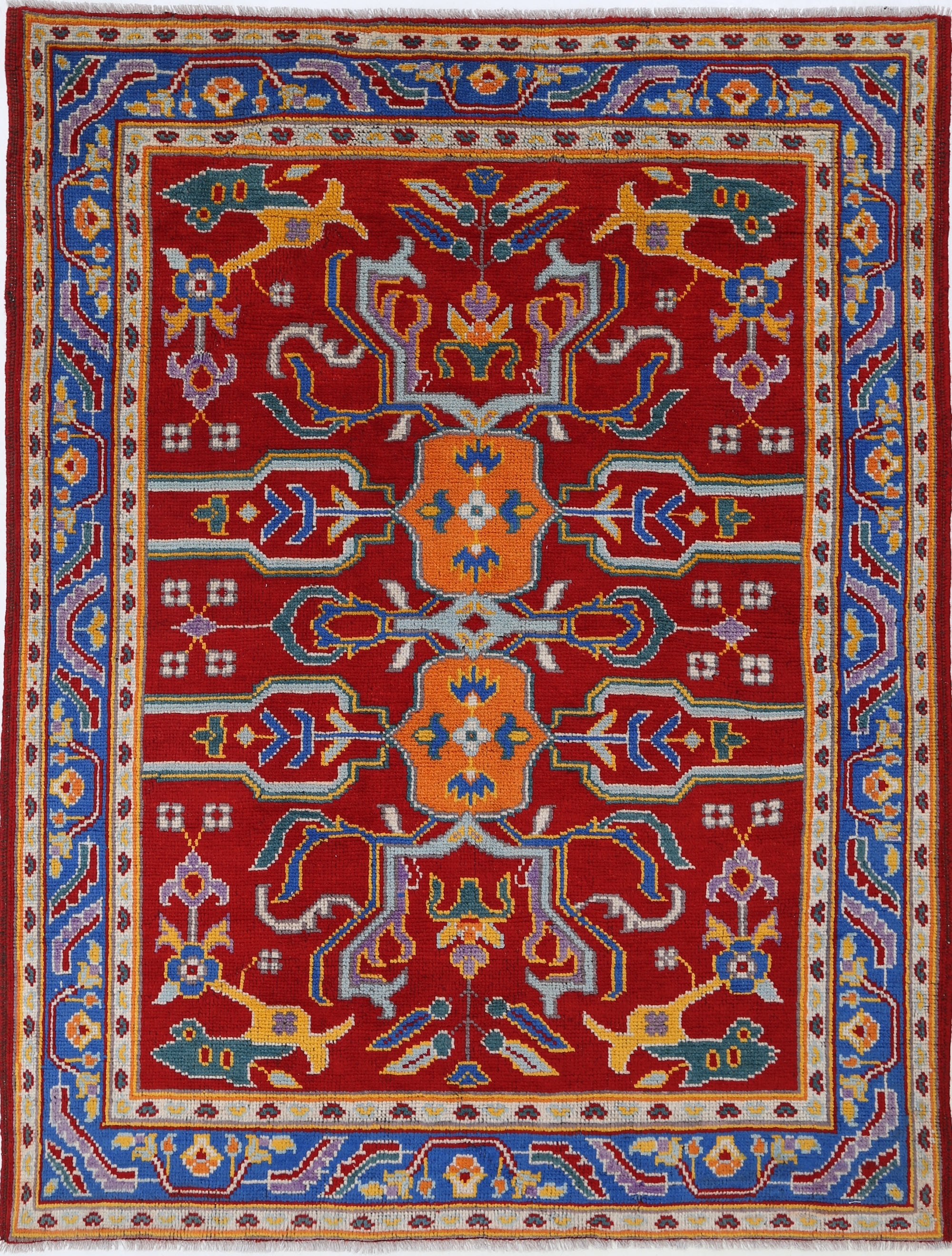 Red Hand-Knotted Tribal Geometric Wool Rug - 4'11" x 6'7"