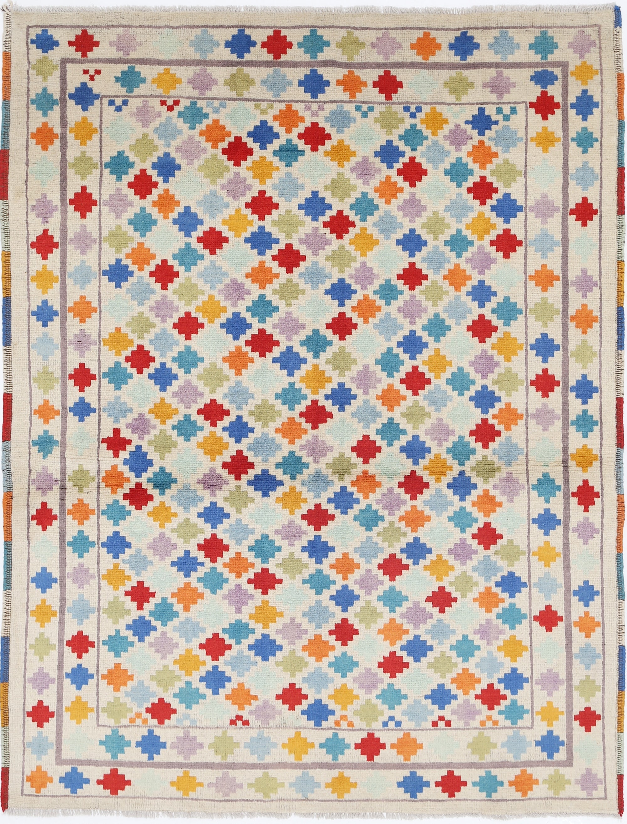 Ivory Hand-Knotted Tribal Geometric Wool Rug - 4'10" x 6'6"