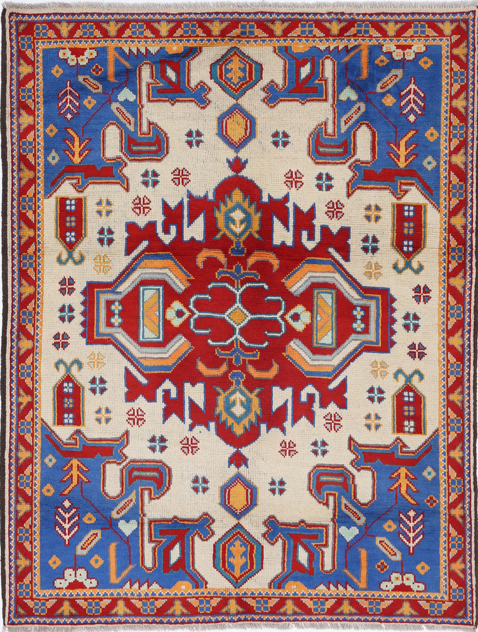 Ivory Hand-Knotted Tribal Geometric Wool Rug - 4'10" x 6'5"