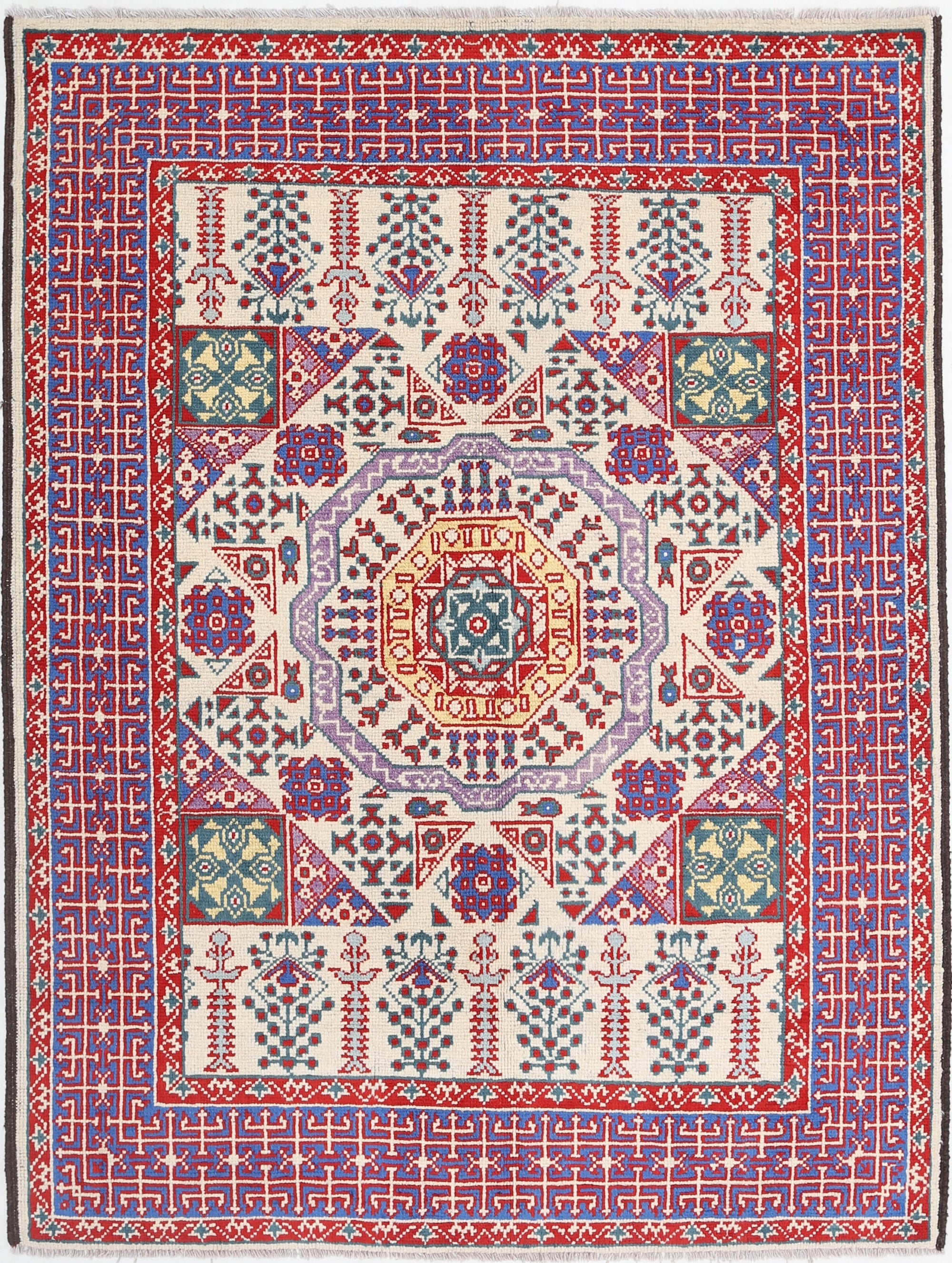 Ivory Hand-Knotted Tribal Geometric Wool Rug - 4'11" x 6'8"