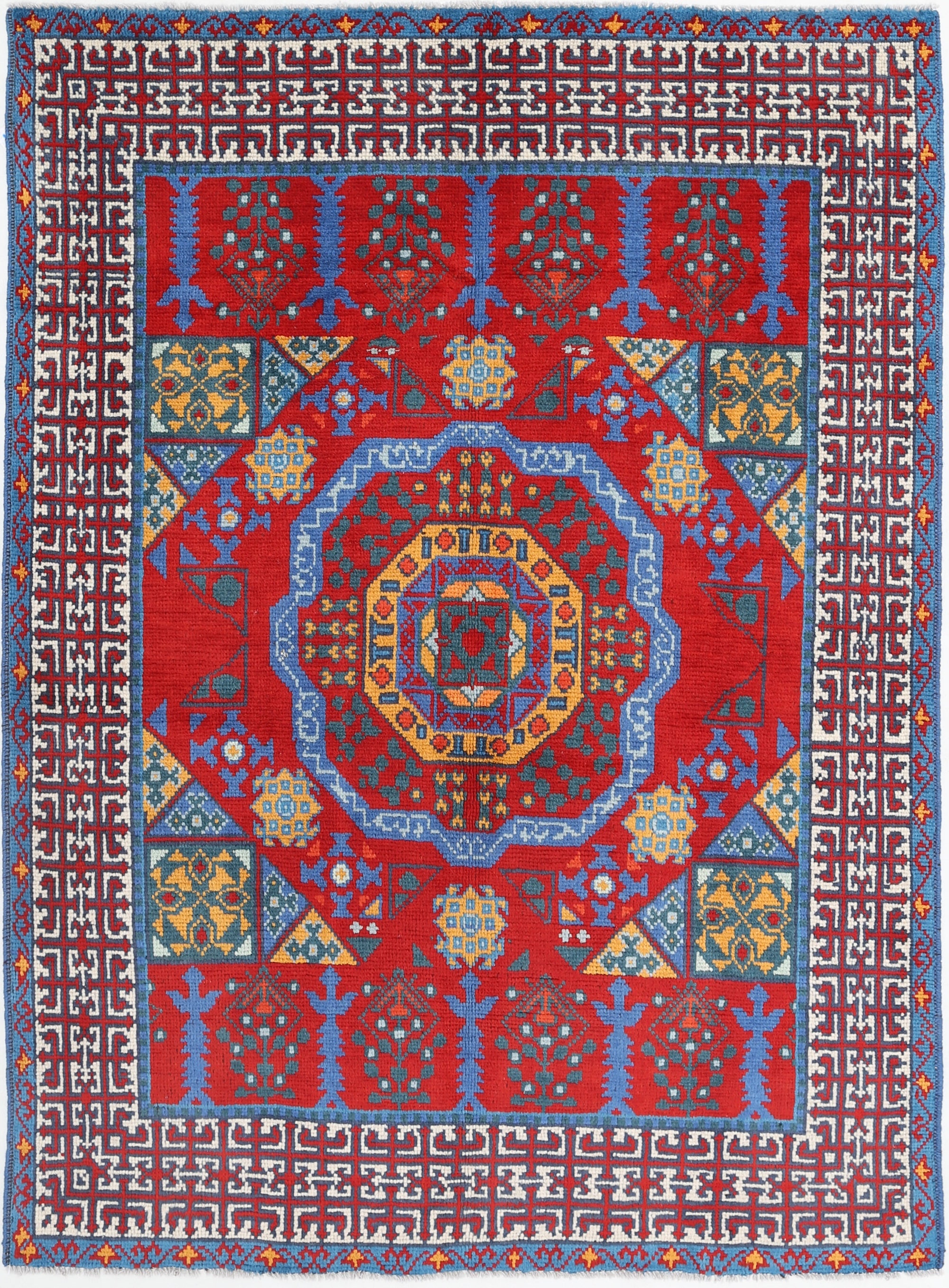 Red Hand-Knotted Tribal Geometric Wool Rug - 4'11" x 6'8"