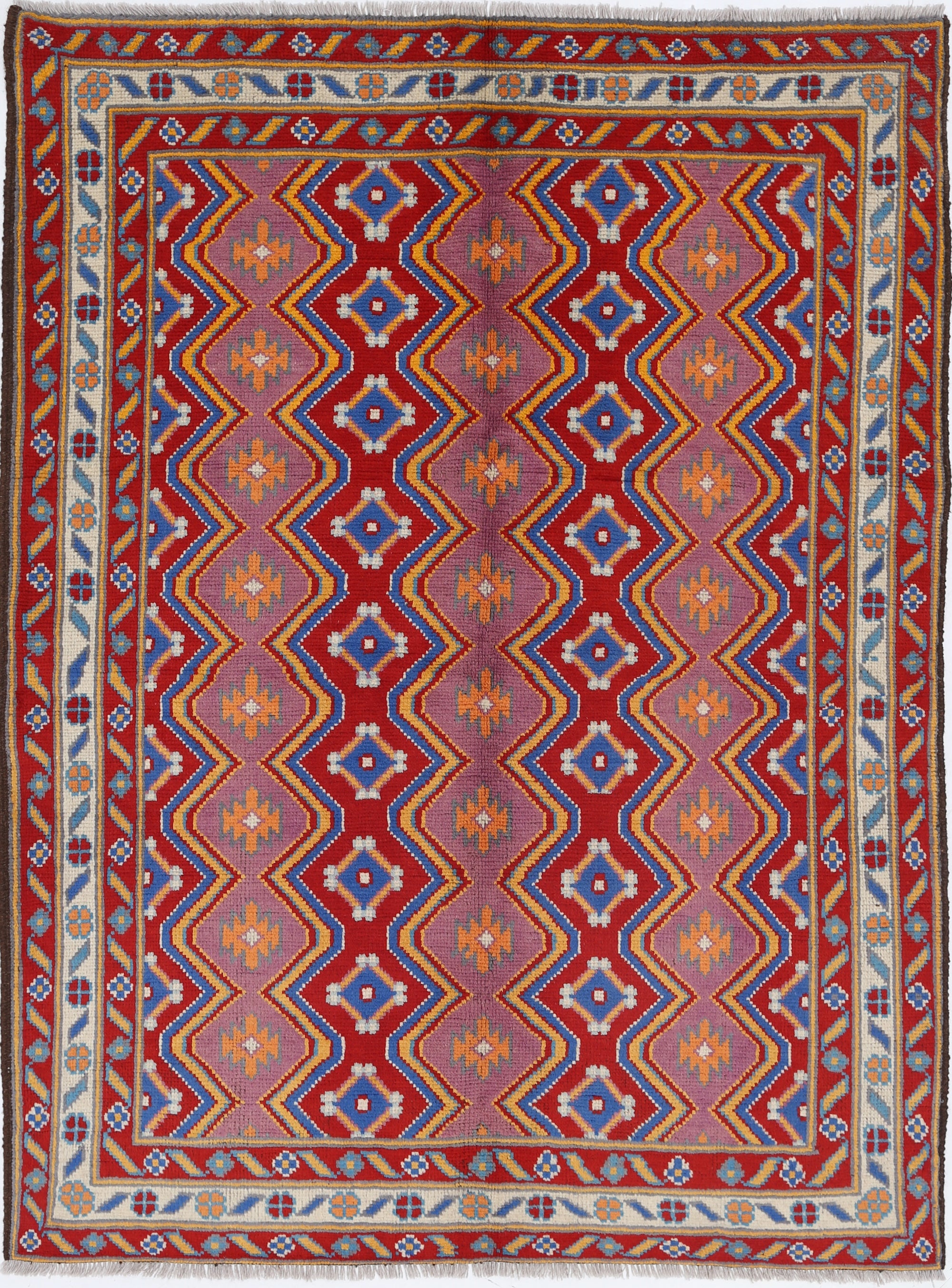 Purple Hand-Knotted Tribal Geometric Wool Rug - 4'11" x 6'7"