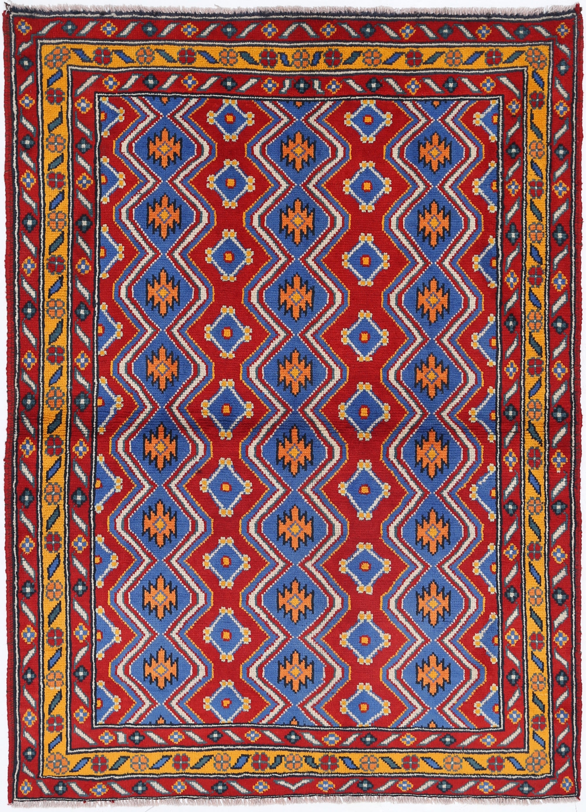 Red Hand-Knotted Tribal Geometric Wool Rug - 4'7" x 6'5"