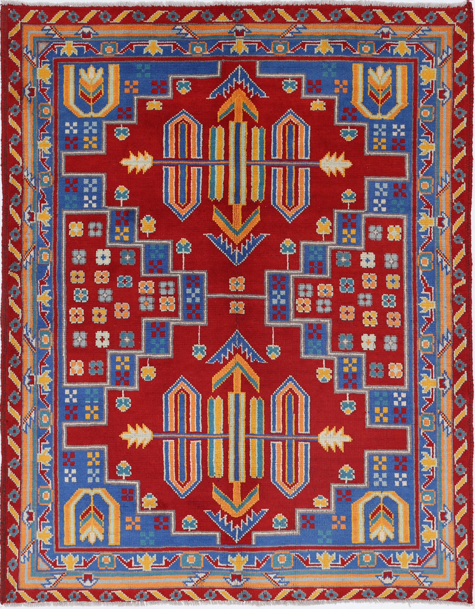 Red Hand-Knotted Tribal Geometric Wool Rug - 4'11" x 6'5"