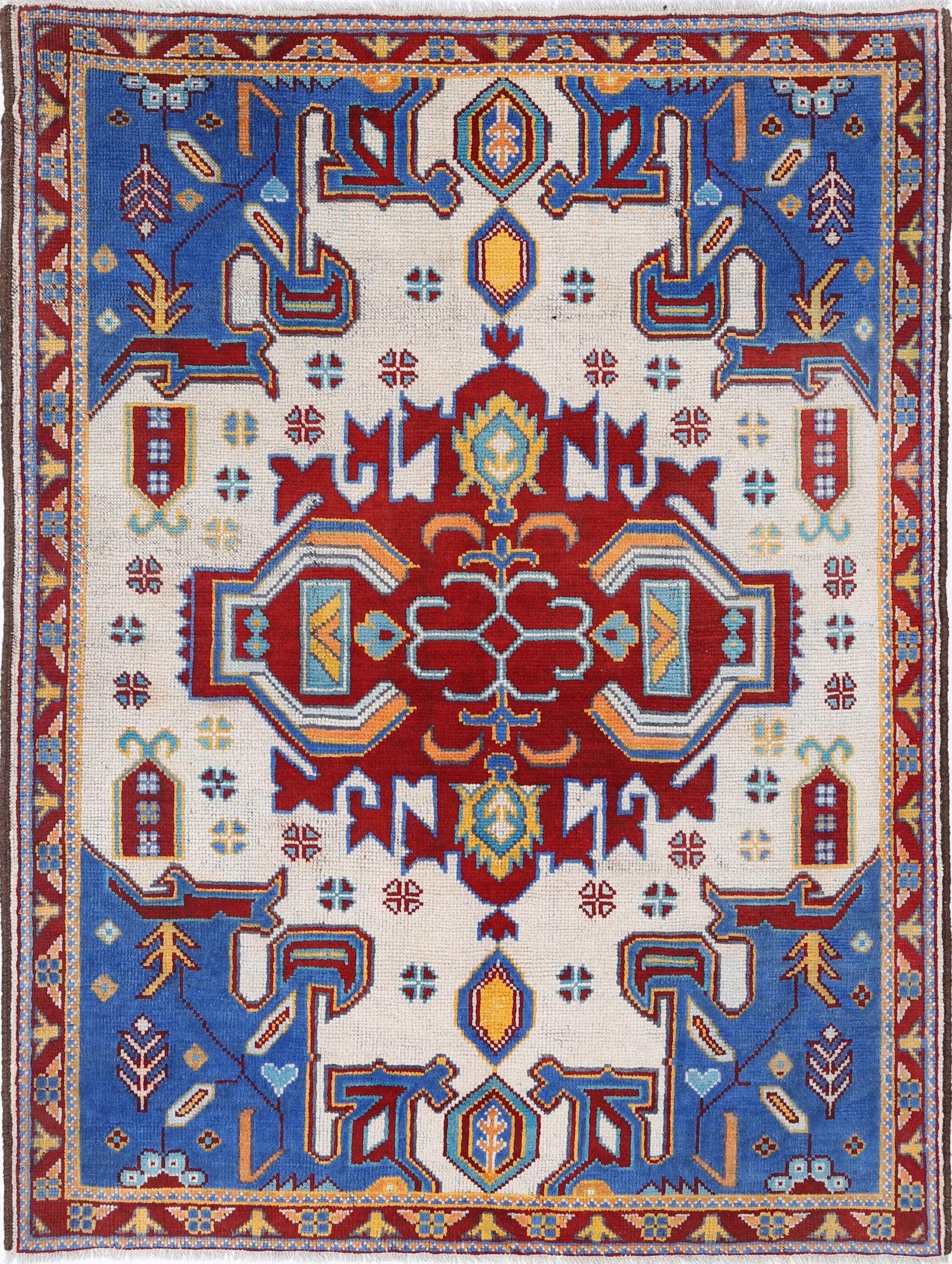 Ivory Hand-Knotted Tribal Geometric Wool Rug - 4'11" x 6'5"