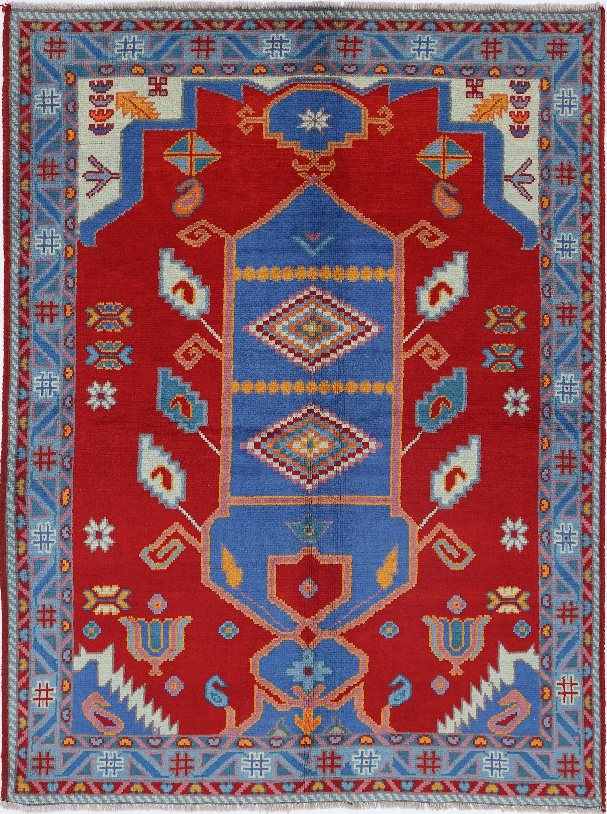 Red Hand-Knotted Tribal Geometric Wool Rug - 5'0" x 6'9"