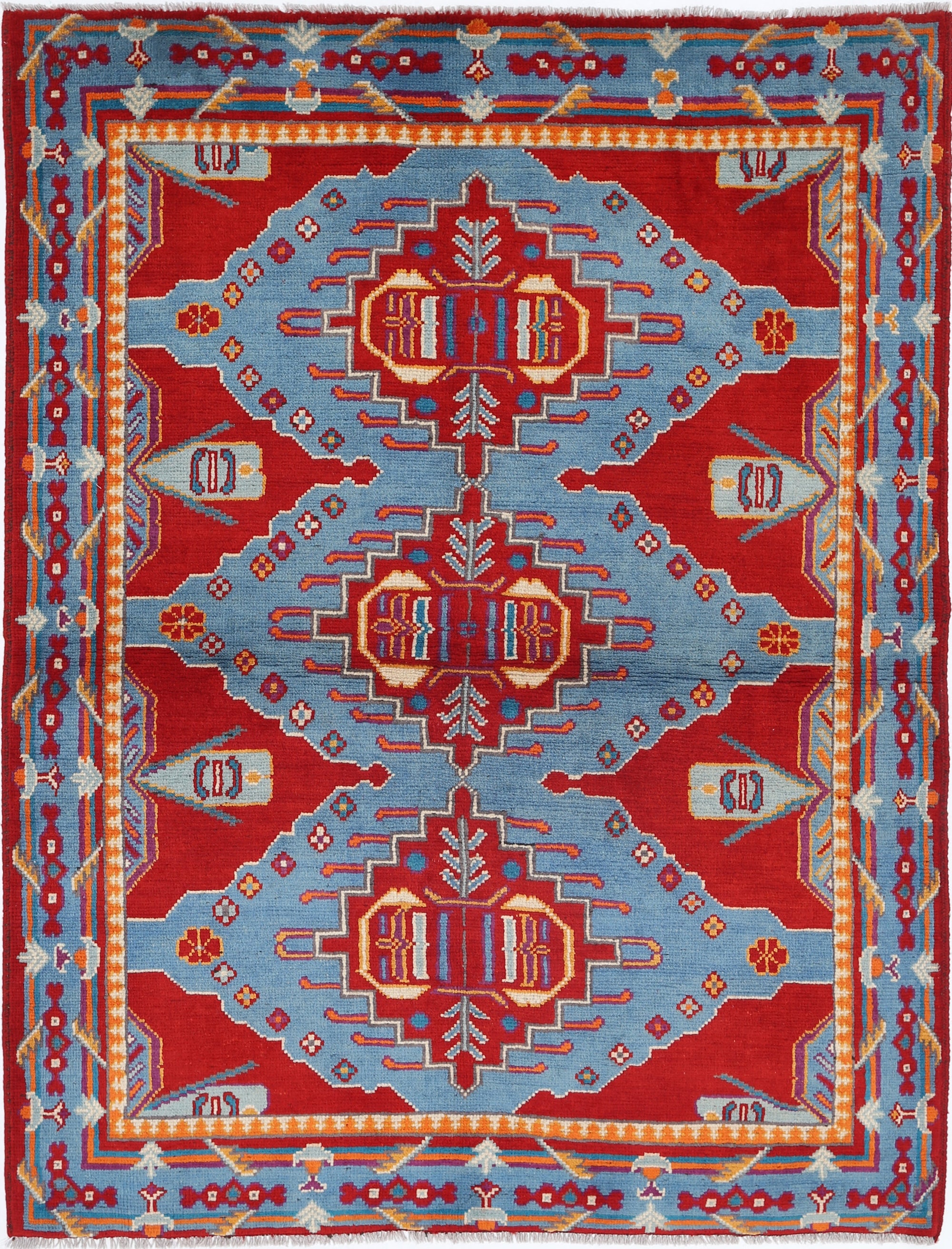 Red Hand-Knotted Tribal Geometric Wool Rug - 4'11" x 6'9"