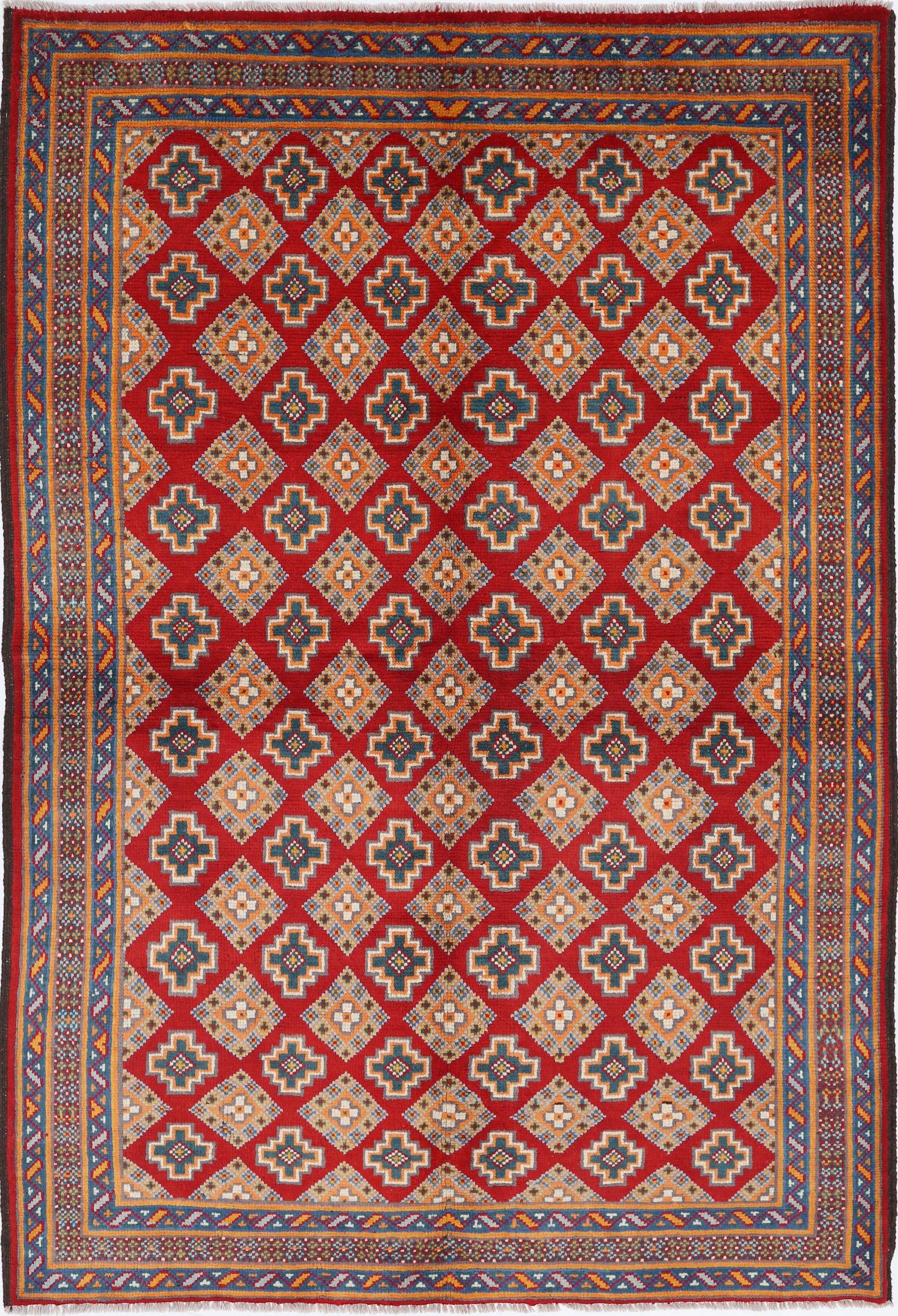 Red Hand-Knotted Tribal Geometric Wool Rug - 5'5" x 8'0"