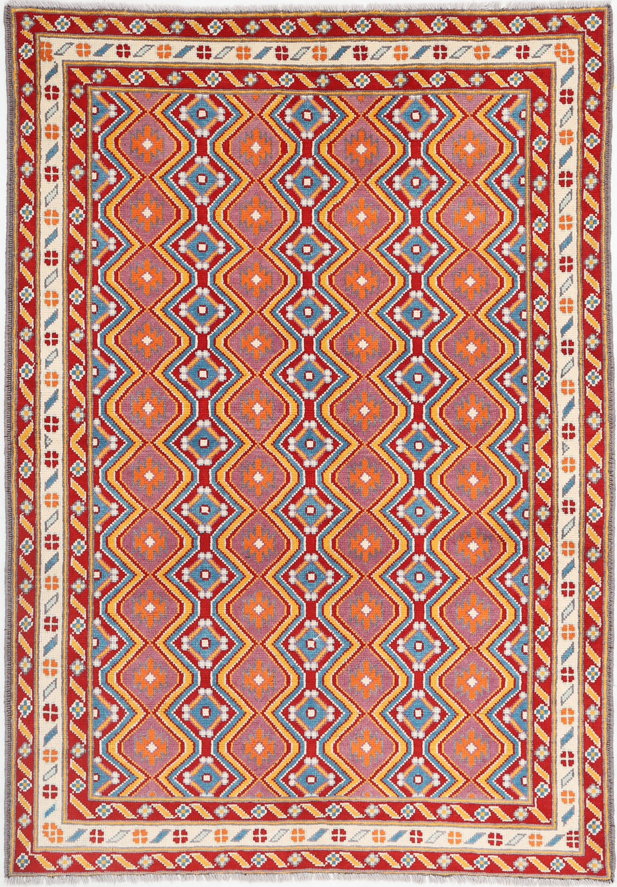 Red Hand-Knotted Tribal Geometric Wool Rug - 5'6" x 7'10"