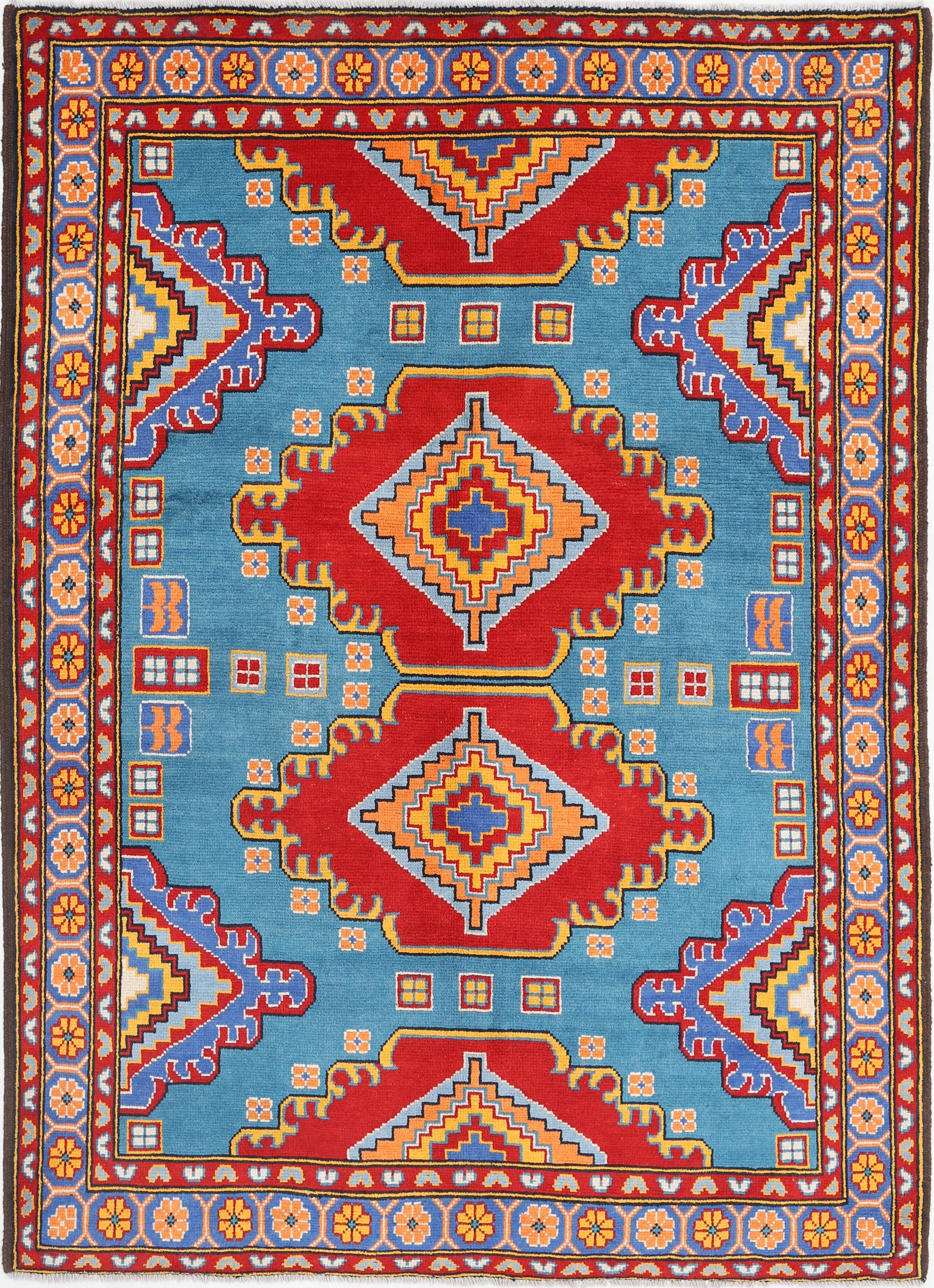 Teal Hand-Knotted Tribal Geometric Wool Rug - 5'8" x 8'0"