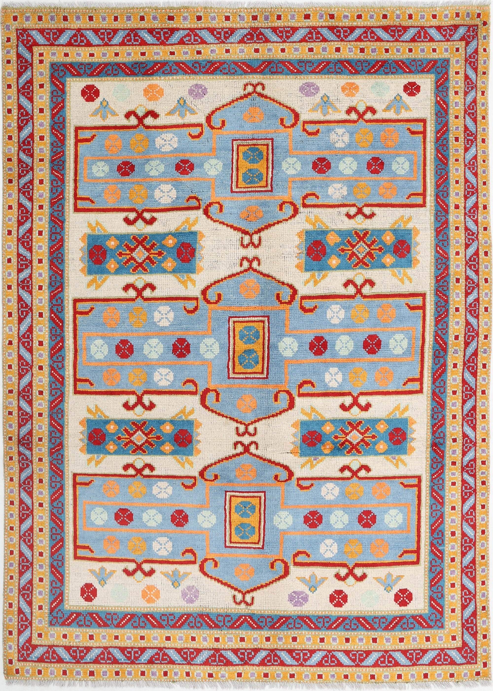 Ivory Hand-Knotted Tribal Geometric Wool Rug - 5'8" x 7'10"