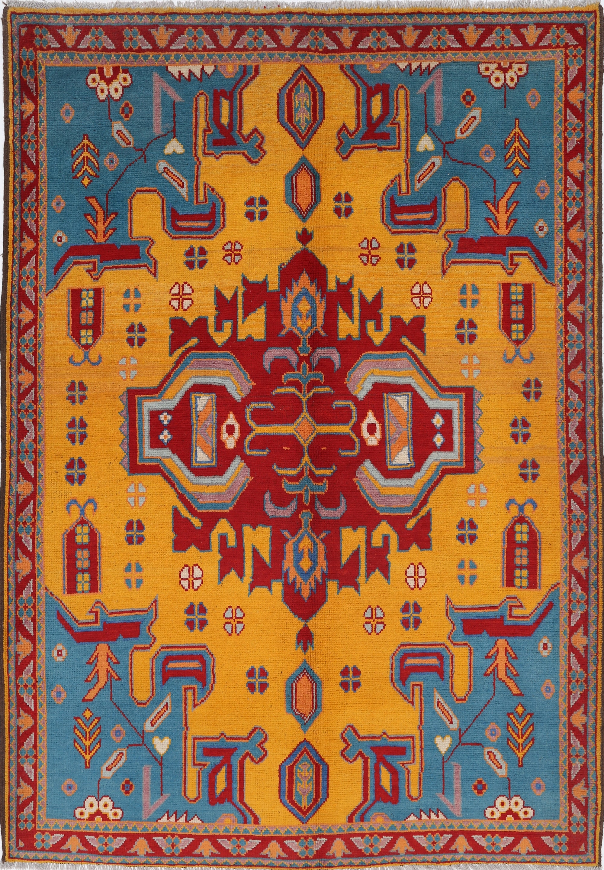 Gold Hand-Knotted Tribal Geometric Wool Rug - 5'10" x 8'4"