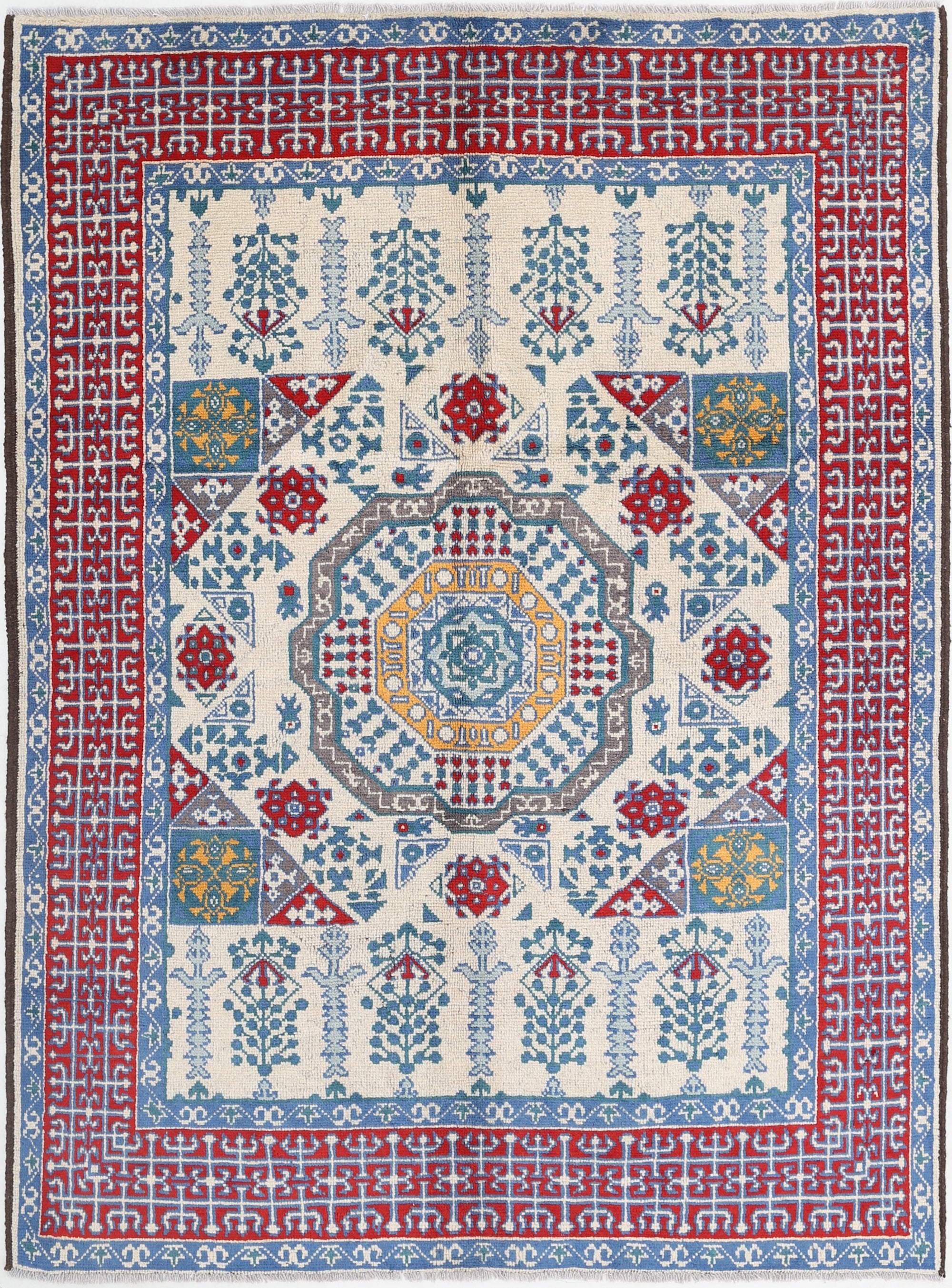 Ivory Hand-Knotted Tribal Geometric Wool Rug - 5'6" x 7'8"