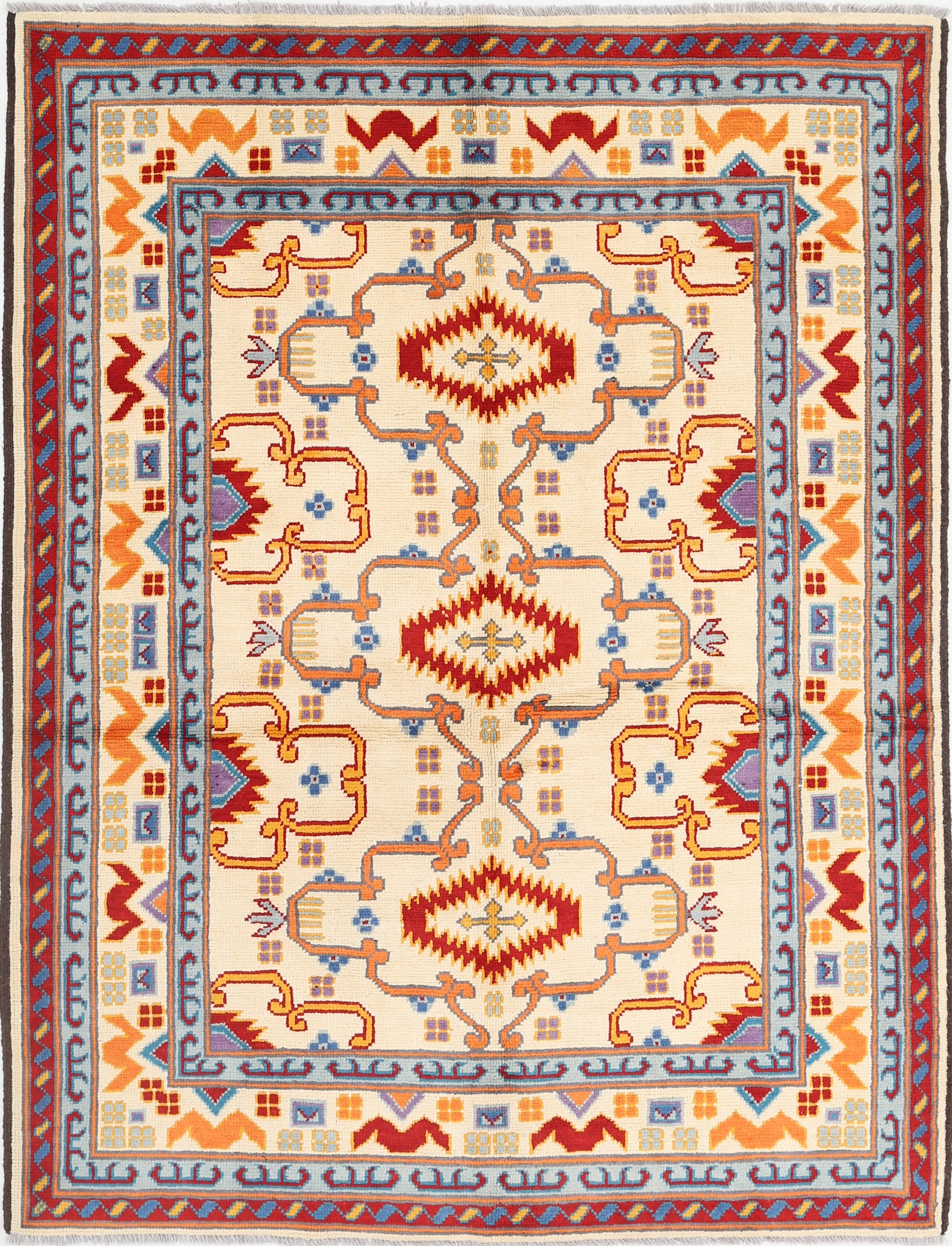 Ivory Hand-Knotted Tribal Geometric Wool Rug - 5'8" x 7'7"