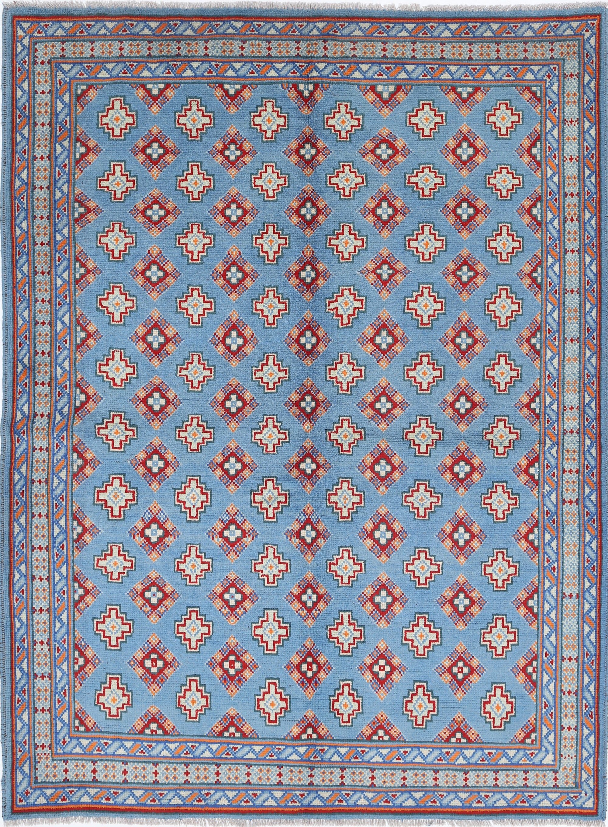 Blue Hand-Knotted Tribal Geometric Wool Rug - 5'8" x 7'9"