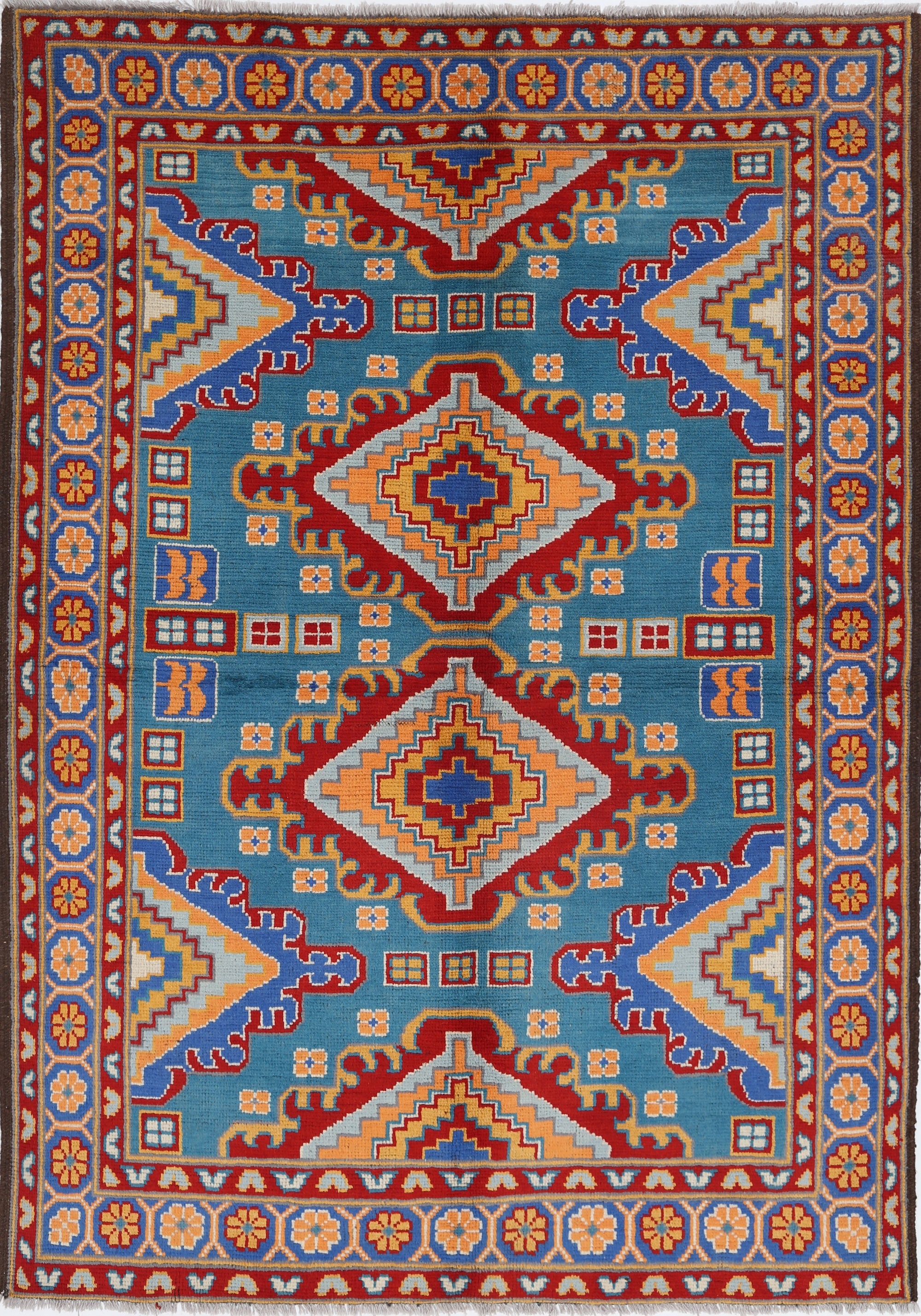 Teal Hand-Knotted Tribal Geometric Wool Rug - 5'5" x 7'9"