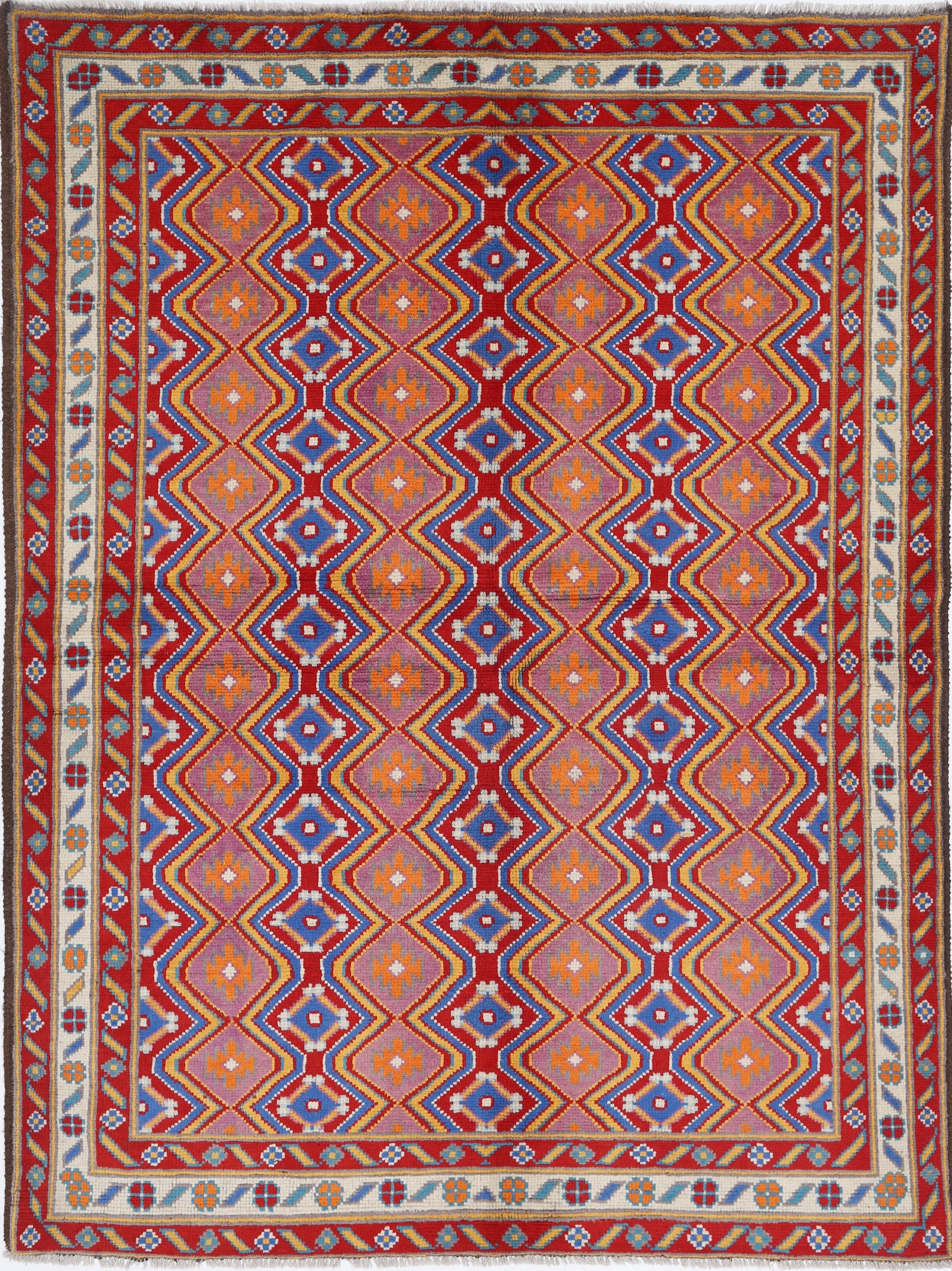 Red Hand-Knotted Tribal Geometric Wool Rug - 5'7" x 7'9"