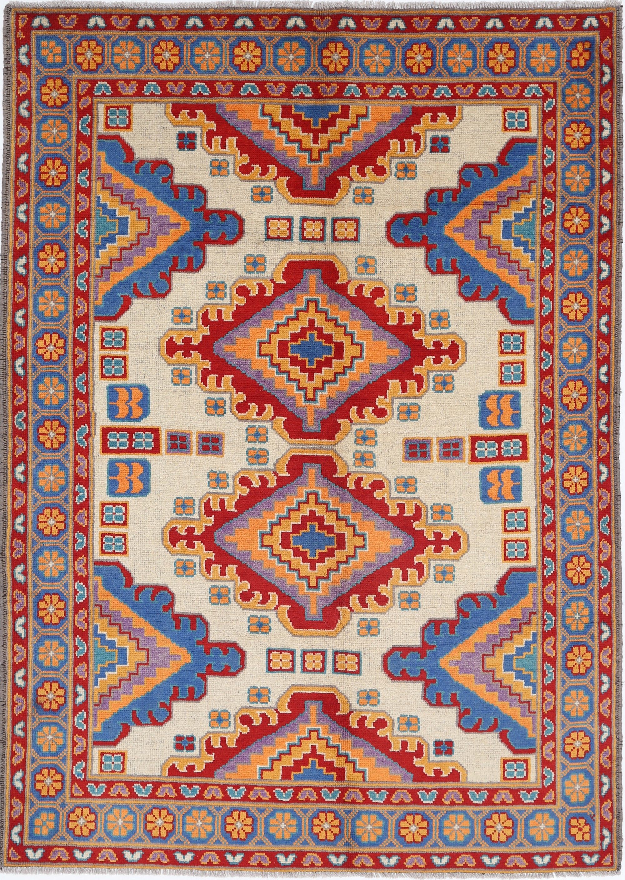 Ivory Hand-Knotted Tribal Geometric Wool Rug - 5'4" x 7'9"