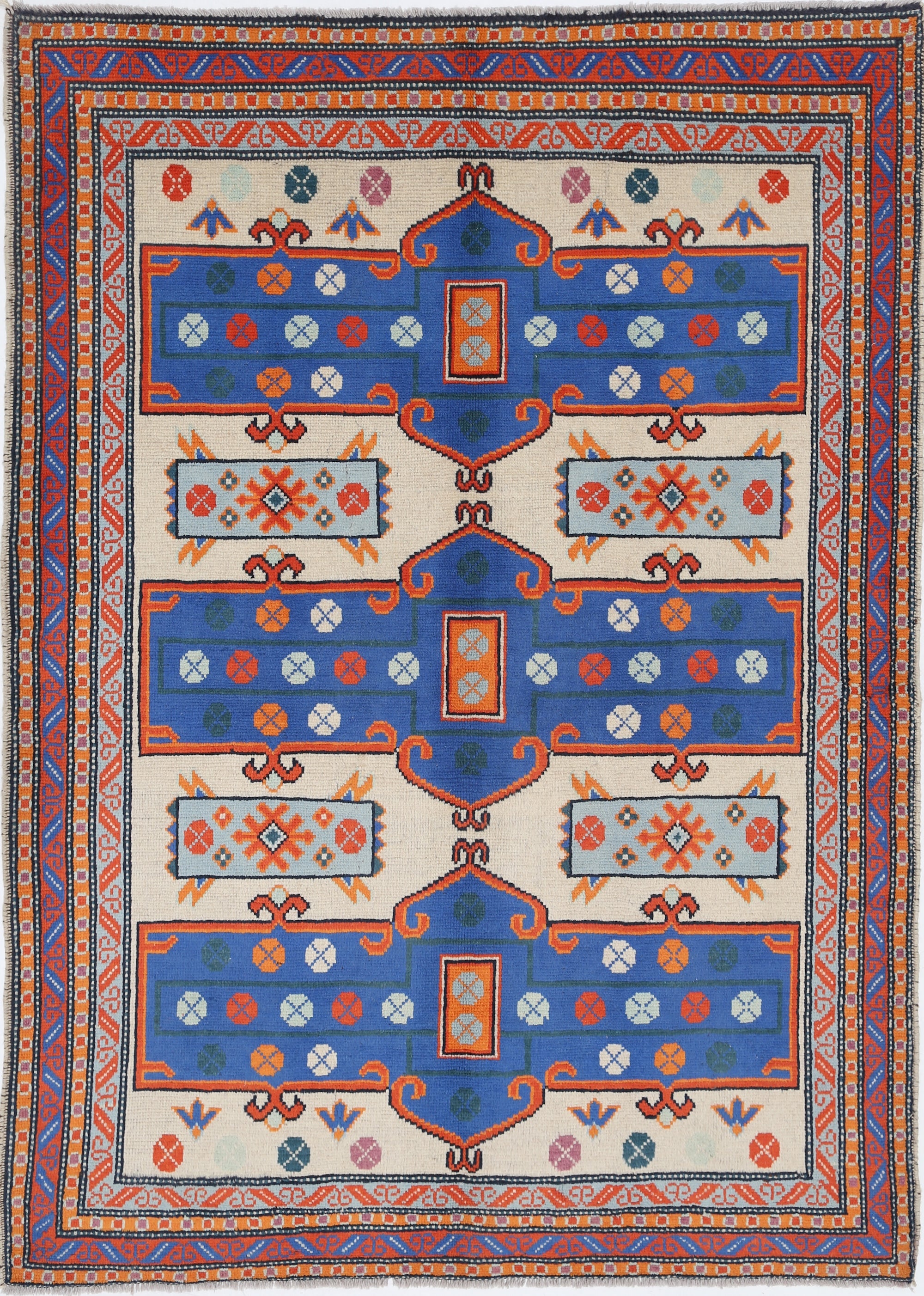 Ivory Hand-Knotted Tribal Geometric Wool Rug - 5'8" x 7'10"