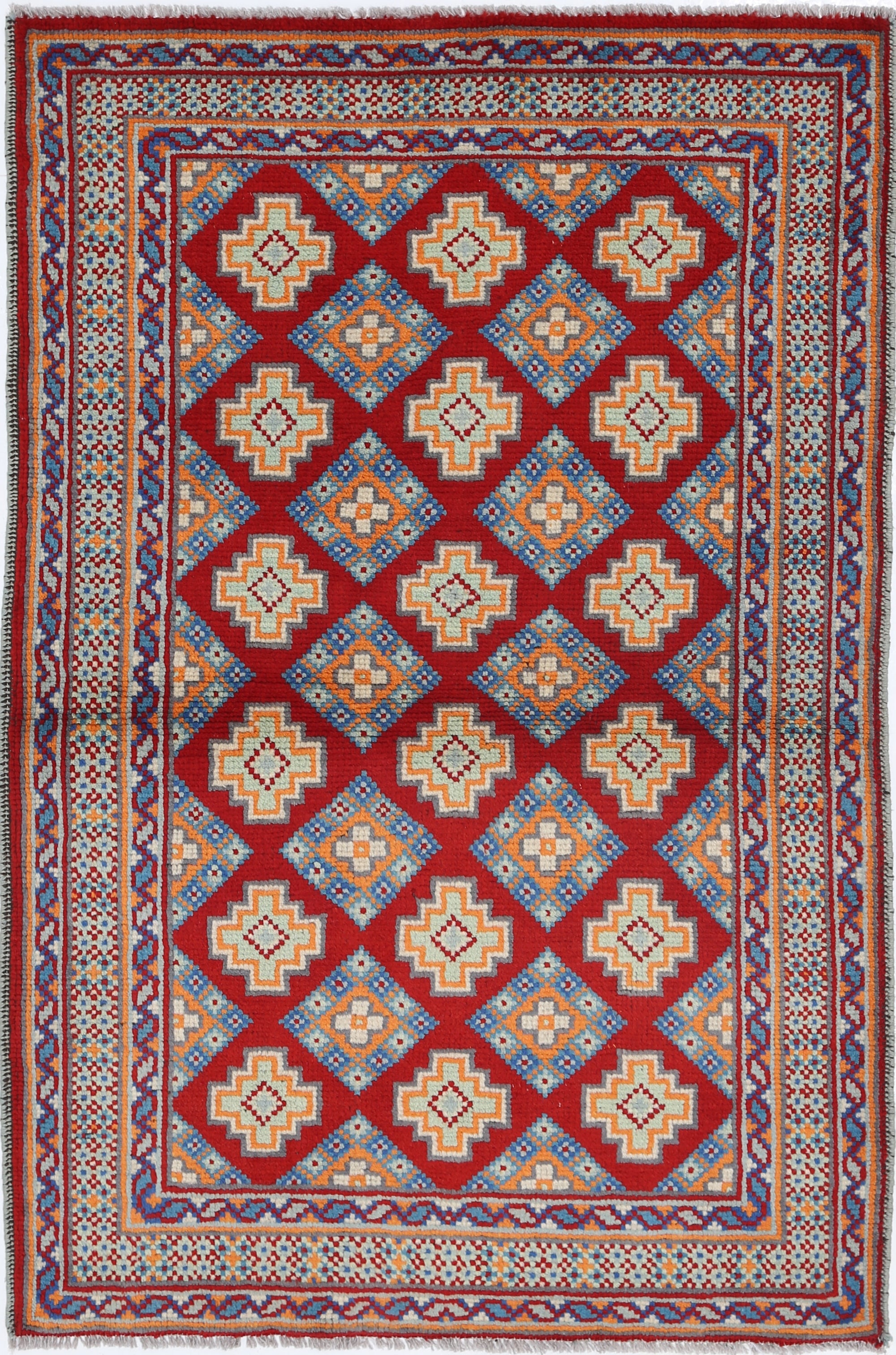 Red Hand-Knotted Tribal Geometric Wool Rug - 3'5" x 5'3"