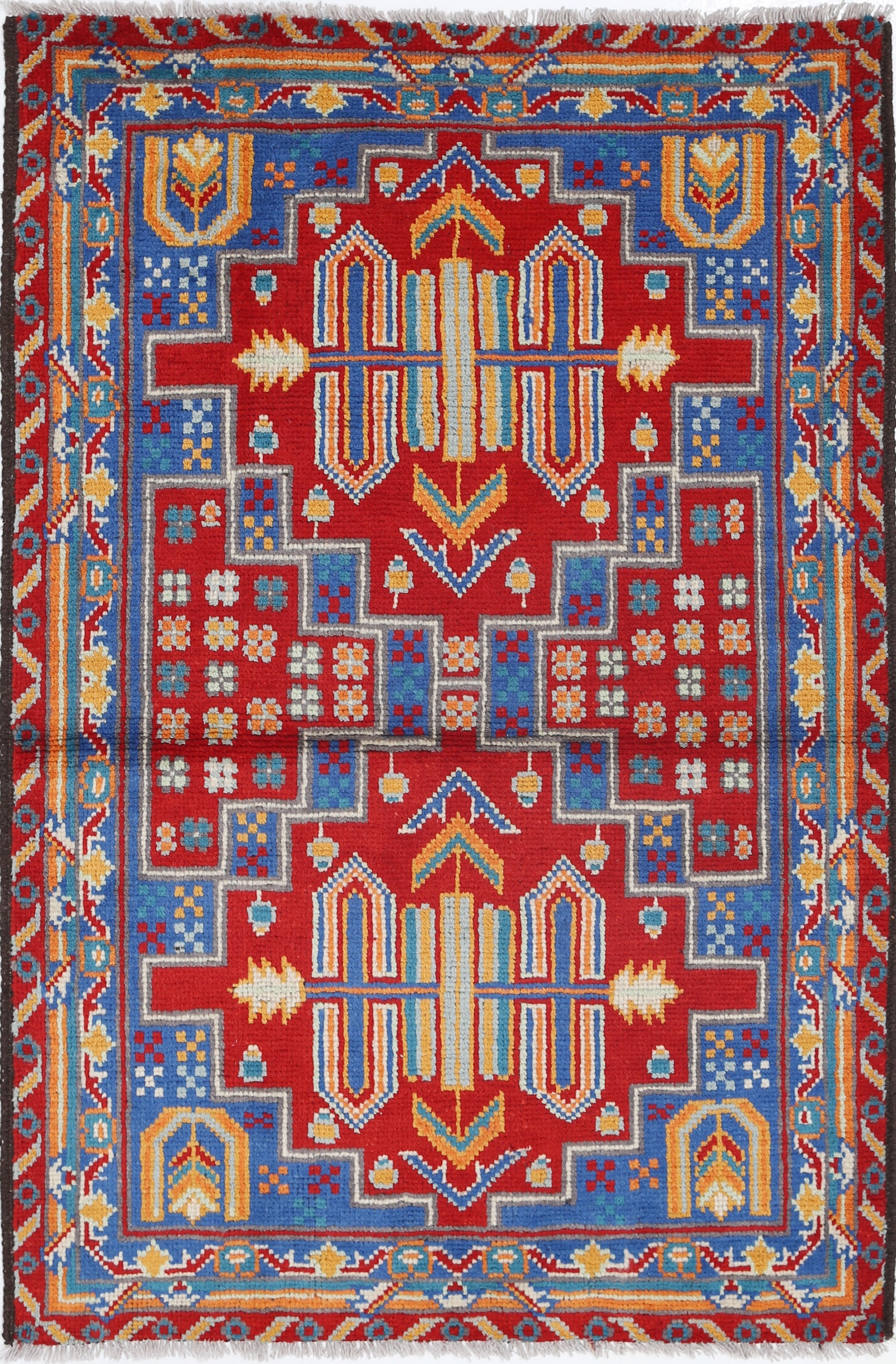 Blue Hand-Knotted Tribal Geometric Wool Rug - 3'4" x 5'3"