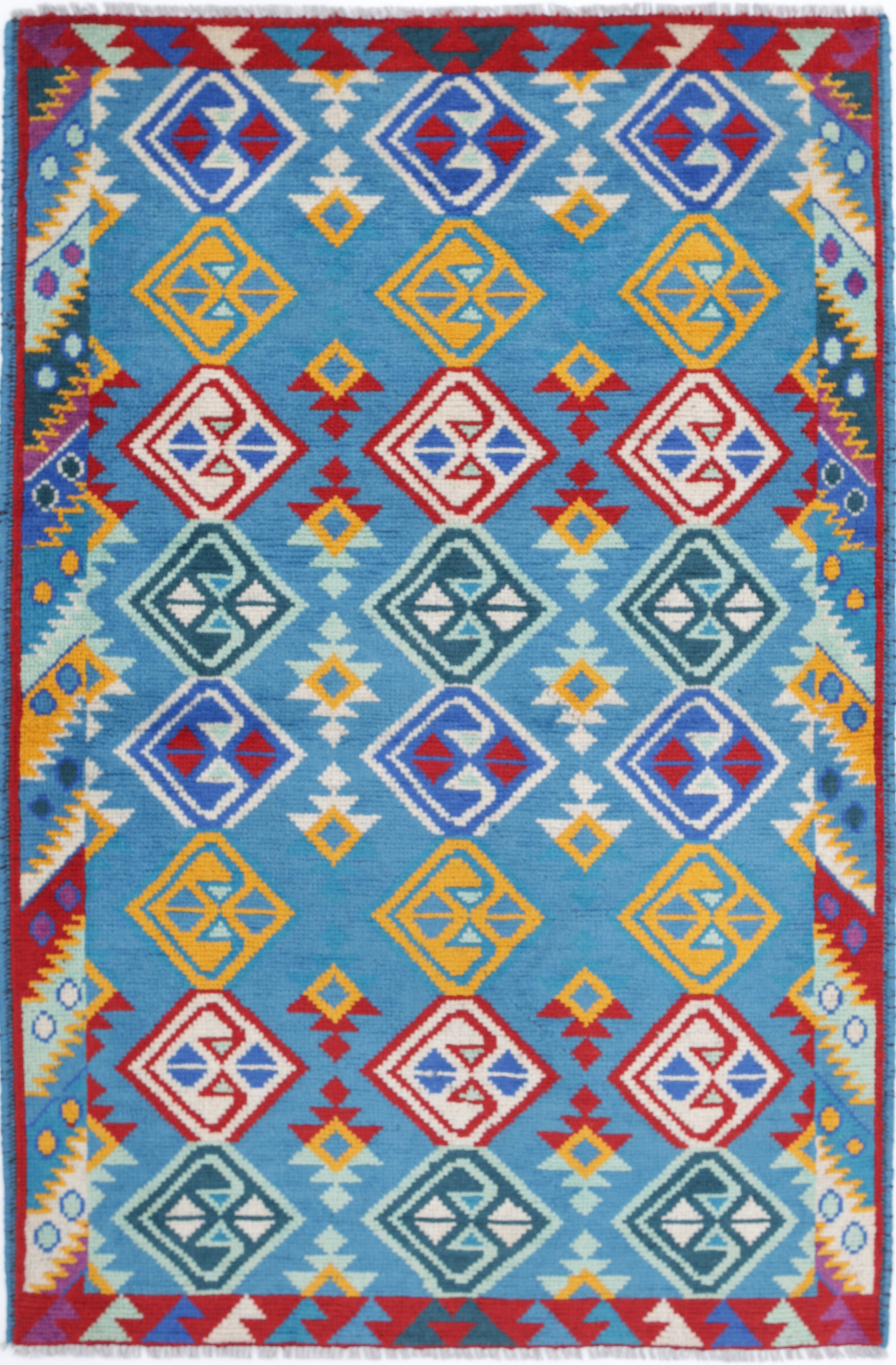Teal Hand-Knotted Tribal Geometric Wool Rug - 3'5" x 5'2"