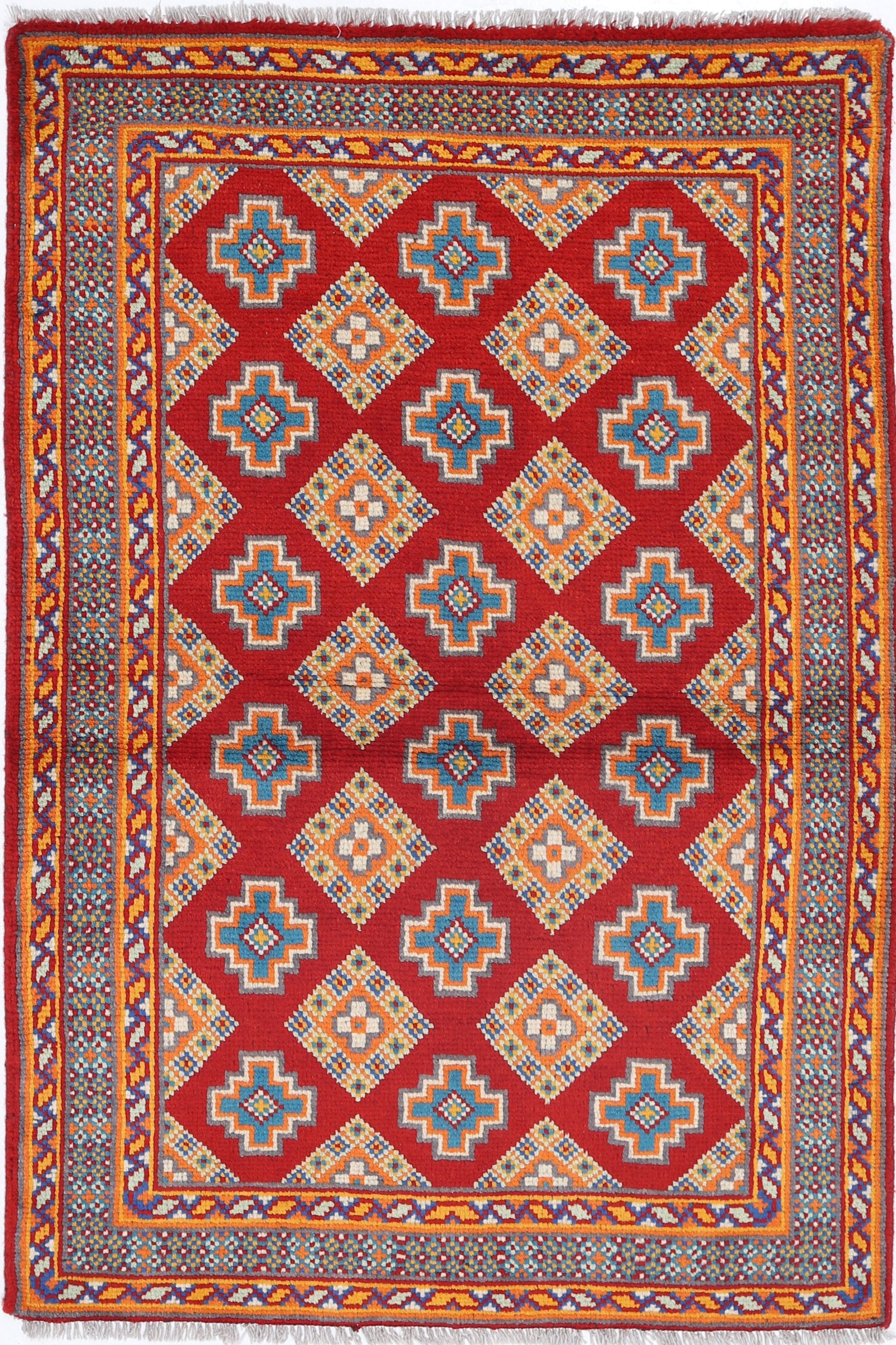 Red Hand-Knotted Tribal Geometric Wool Rug - 3'4" x 5'1"