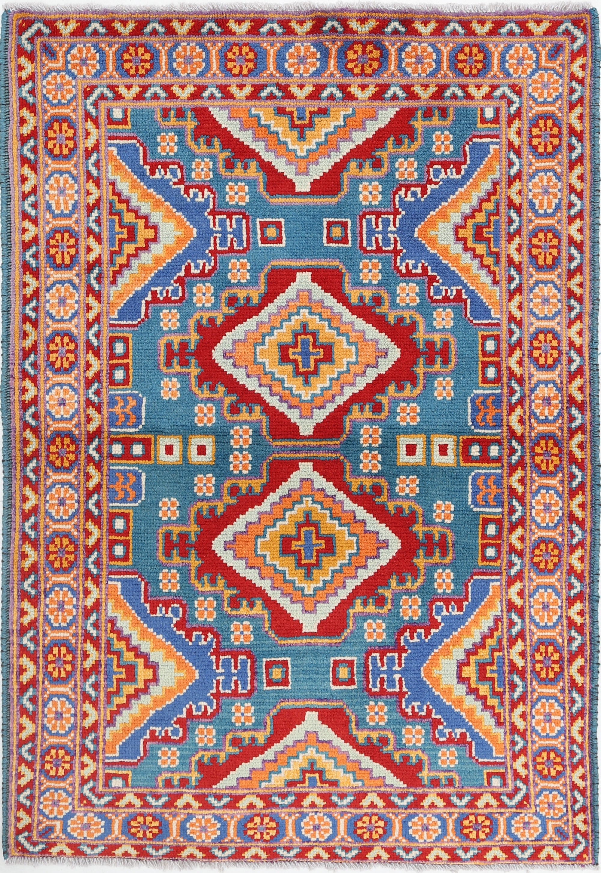 Teal Hand-Knotted Tribal Geometric Wool Rug - 3'4" x 5'1"