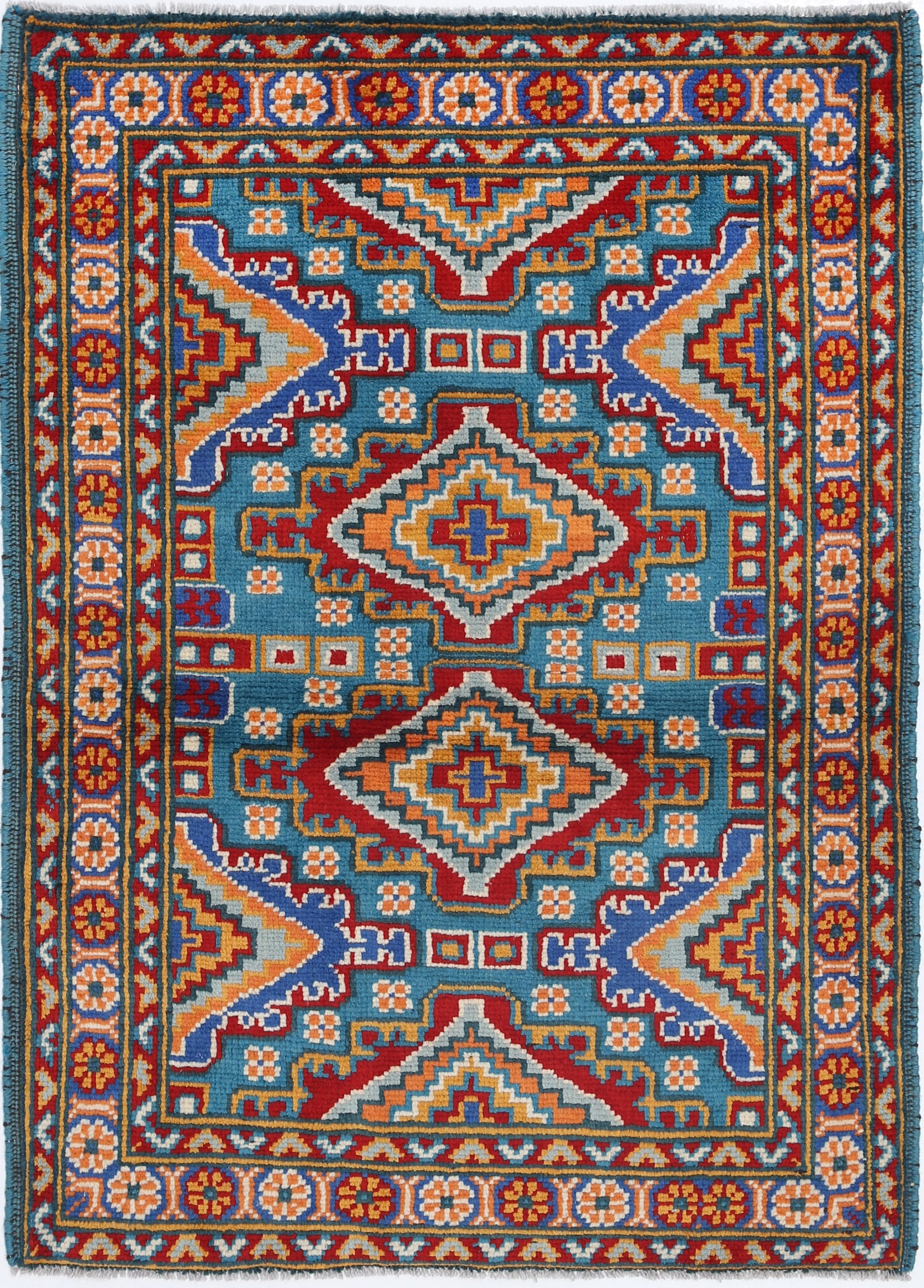 Teal Hand-Knotted Tribal Geometric Wool Rug - 3'3" x 4'8"