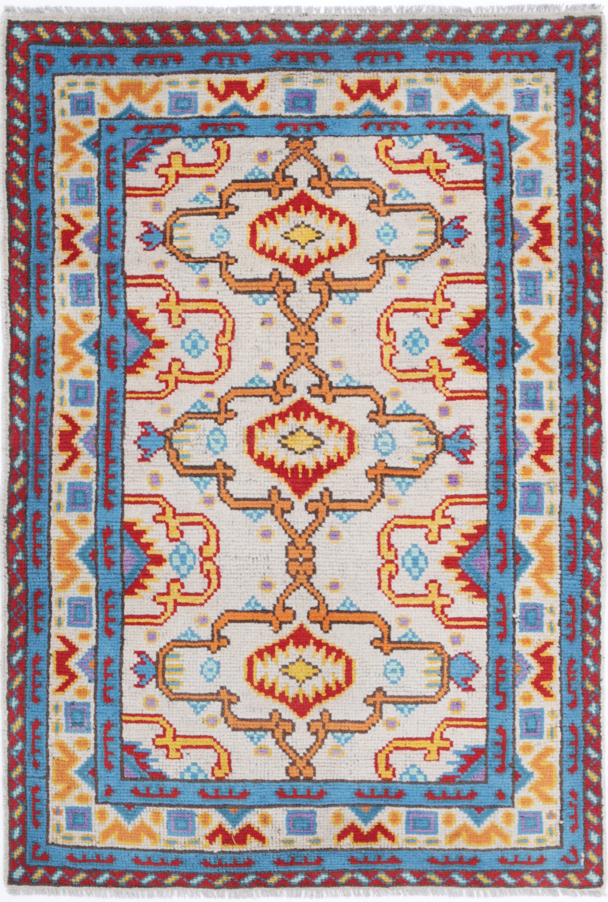 Ivory Hand-Knotted Tribal Geometric Wool Rug - 3'4" x 4'11"