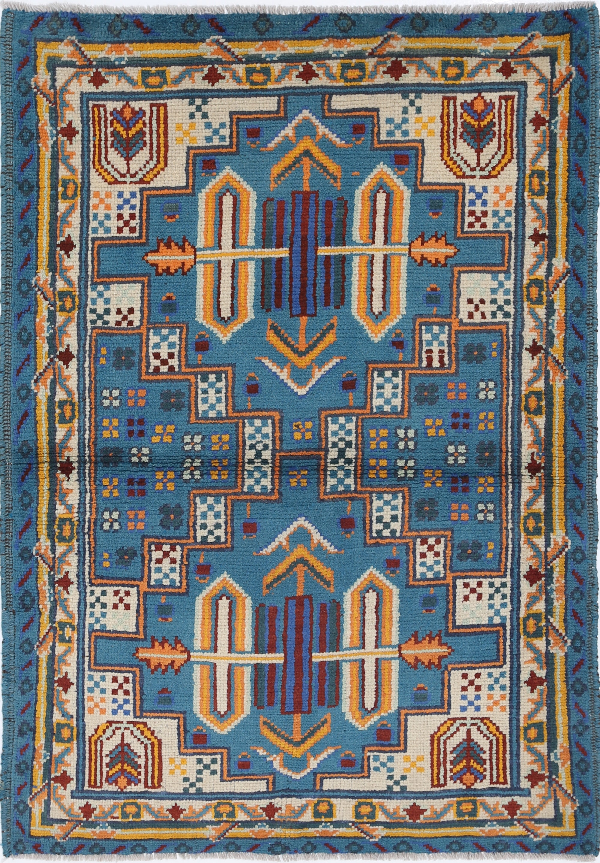 Teal Hand-Knotted Tribal Geometric Wool Rug - 3'5" x 4'10"