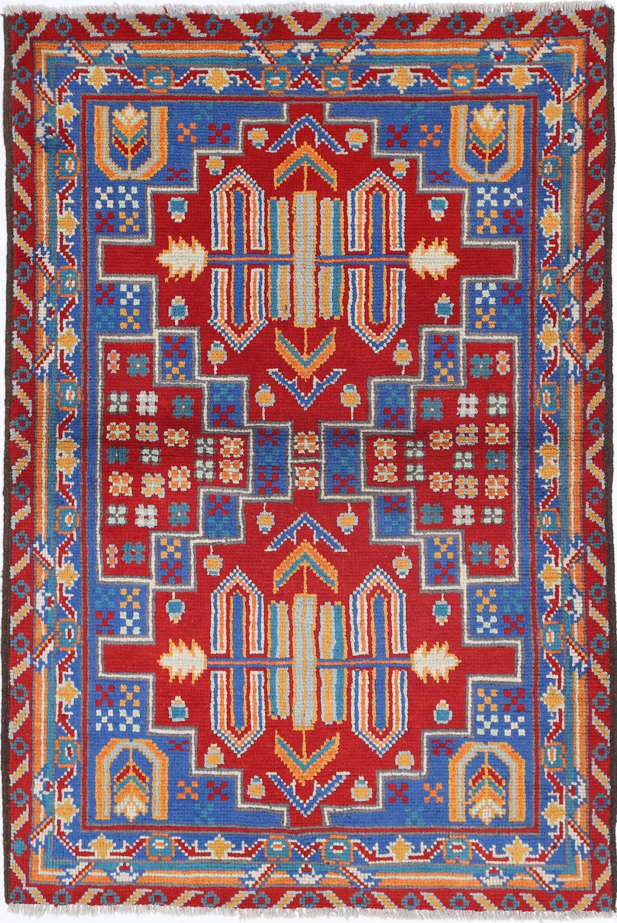 Blue Hand-Knotted Tribal Geometric Wool Rug - 3'4" x 4'11"