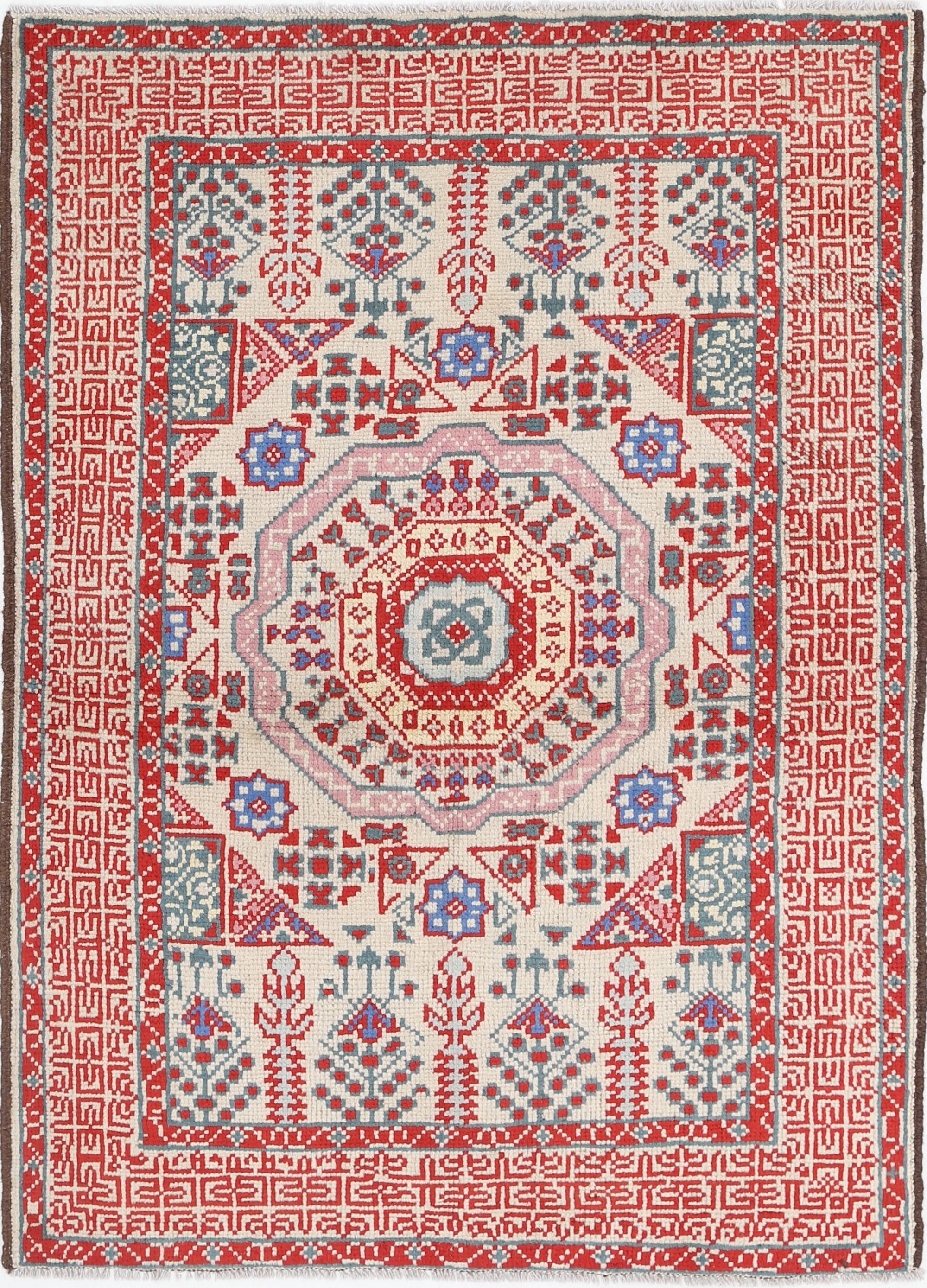 Ivory Hand-Knotted Tribal Geometric Wool Rug - 3'4" x 4'9"