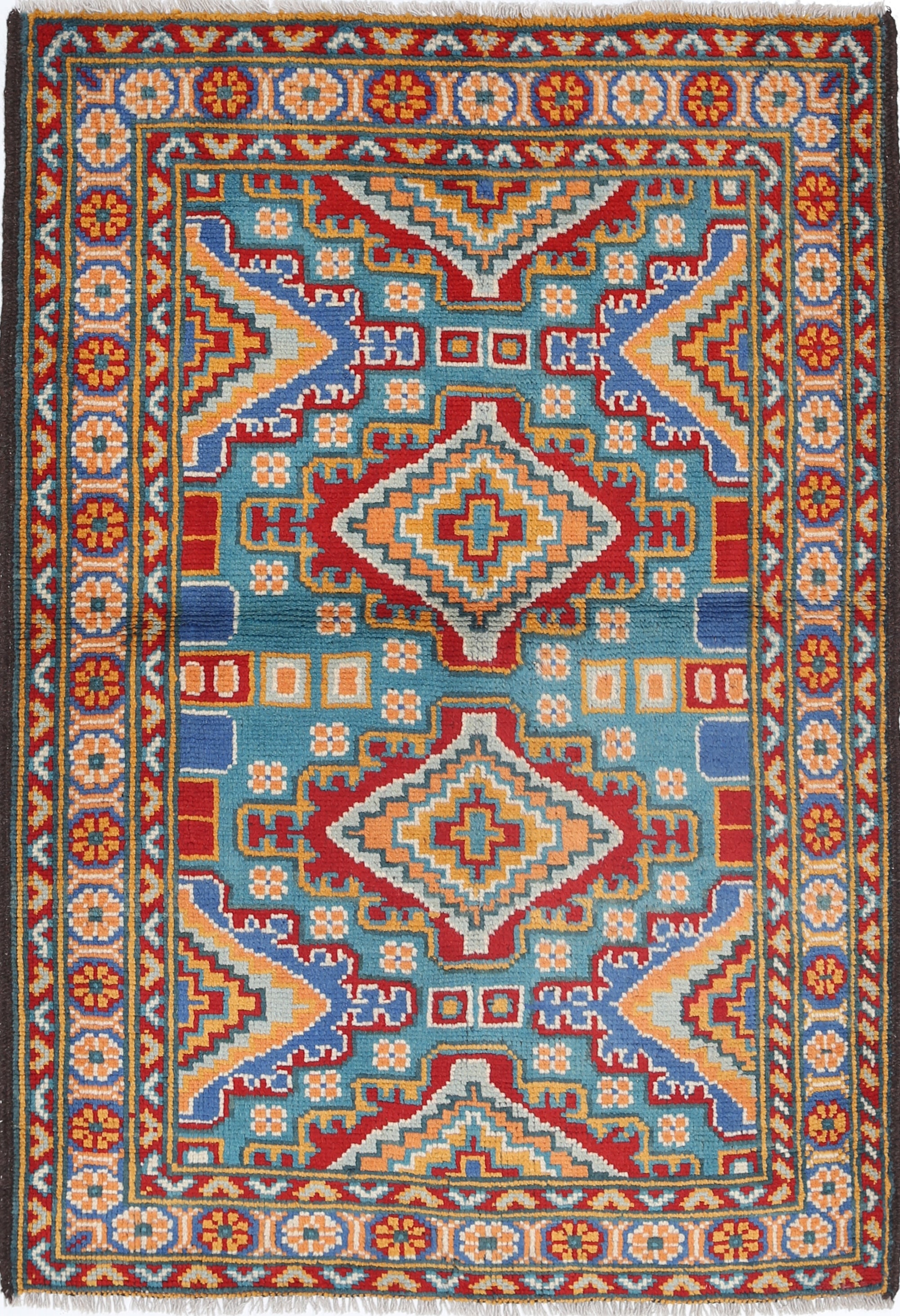 Teal Hand-Knotted Tribal Geometric Wool Rug - 3'4" x 4'9"