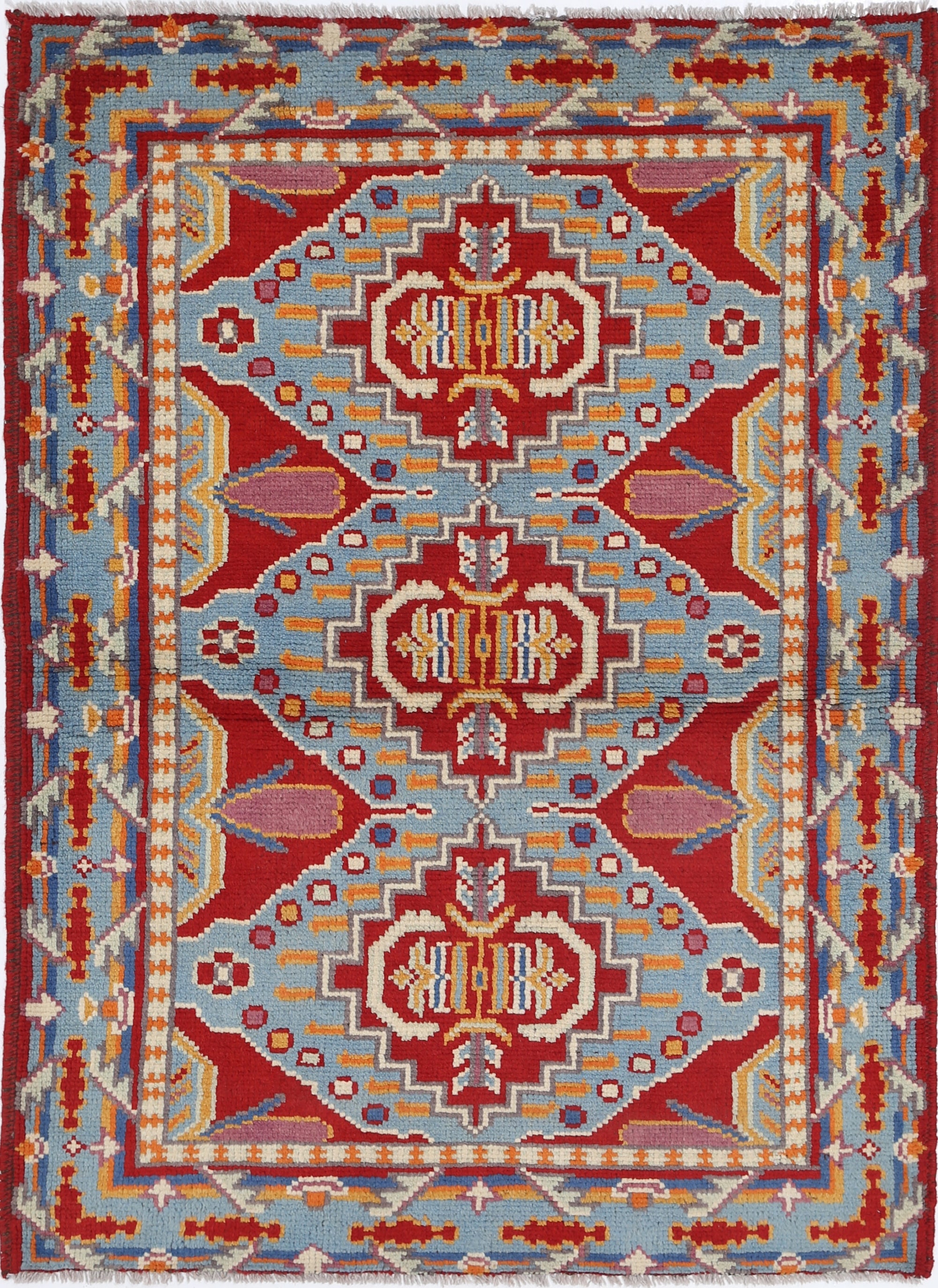 Red Hand-Knotted Tribal Geometric Wool Rug - 3'6" x 4'9"