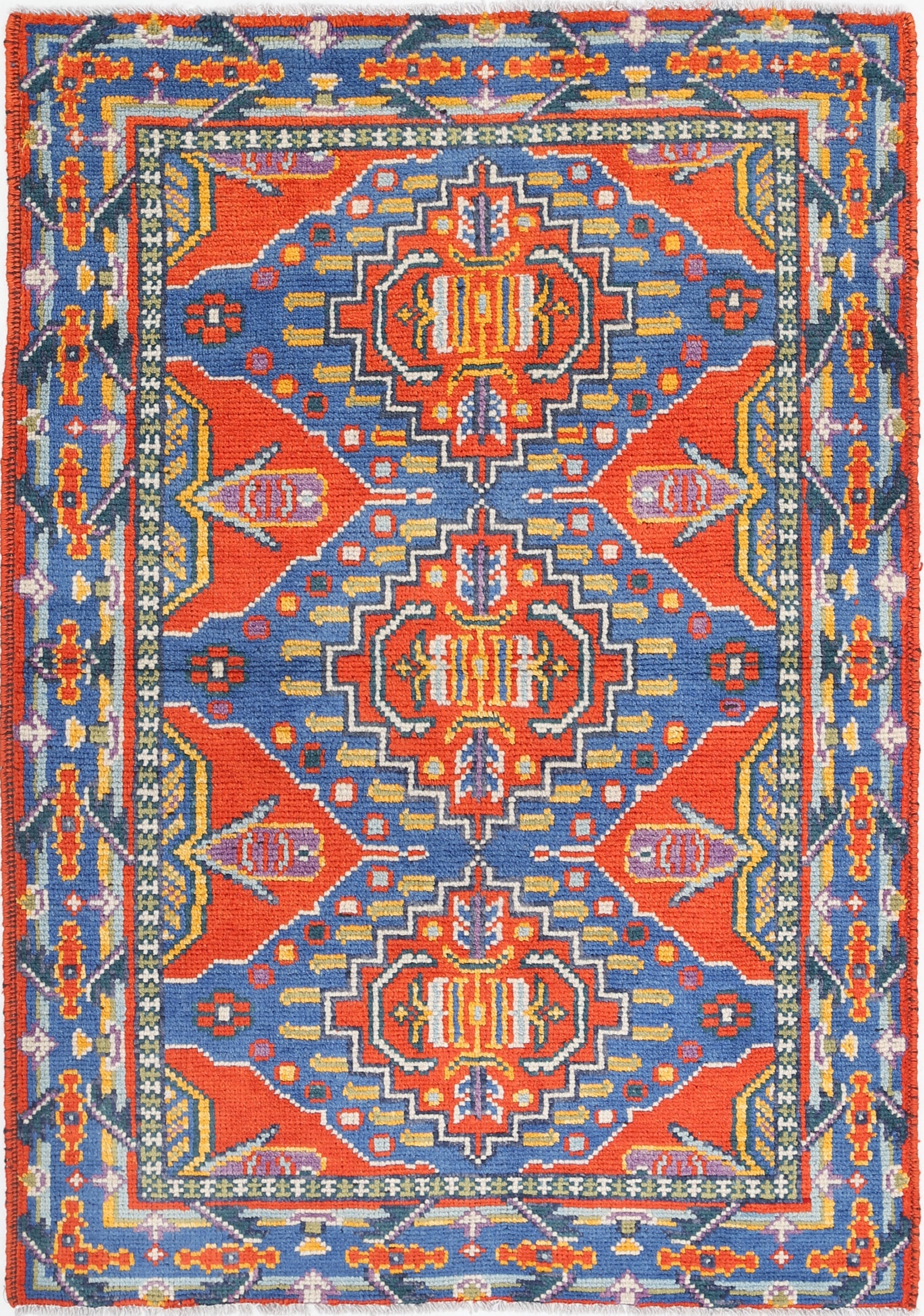 Red Hand-Knotted Tribal Geometric Wool Rug - 3'5" x 4'10"