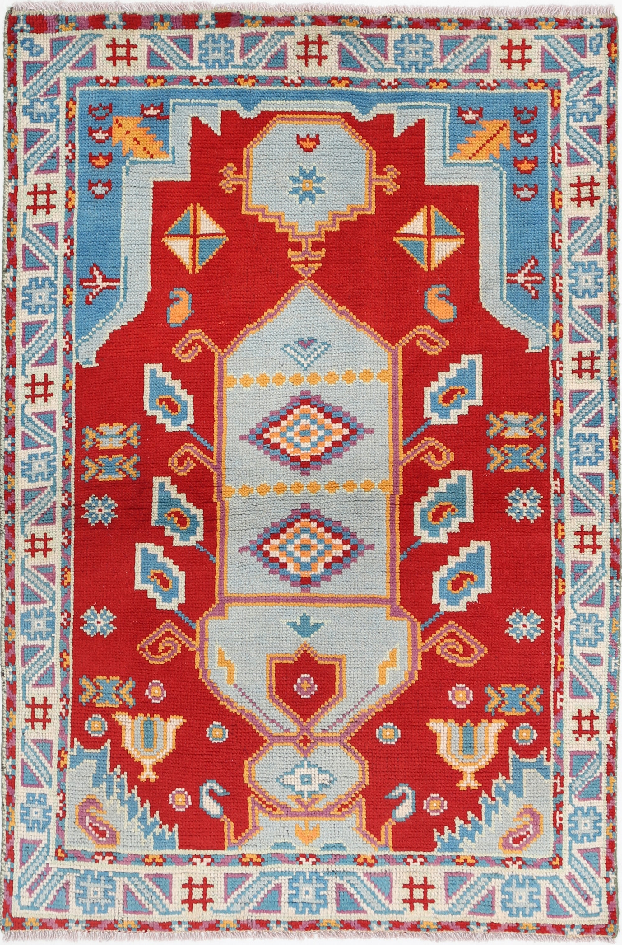 Red Hand-Knotted Tribal Geometric Wool Rug - 3'3" x 5'0"