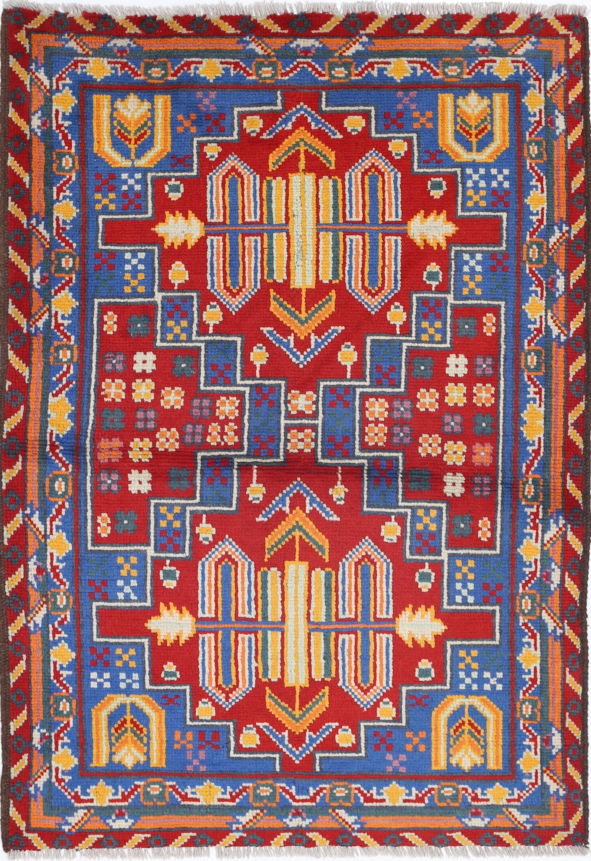 Blue Hand-Knotted Tribal Geometric Wool Rug - 3'4" x 5'0"