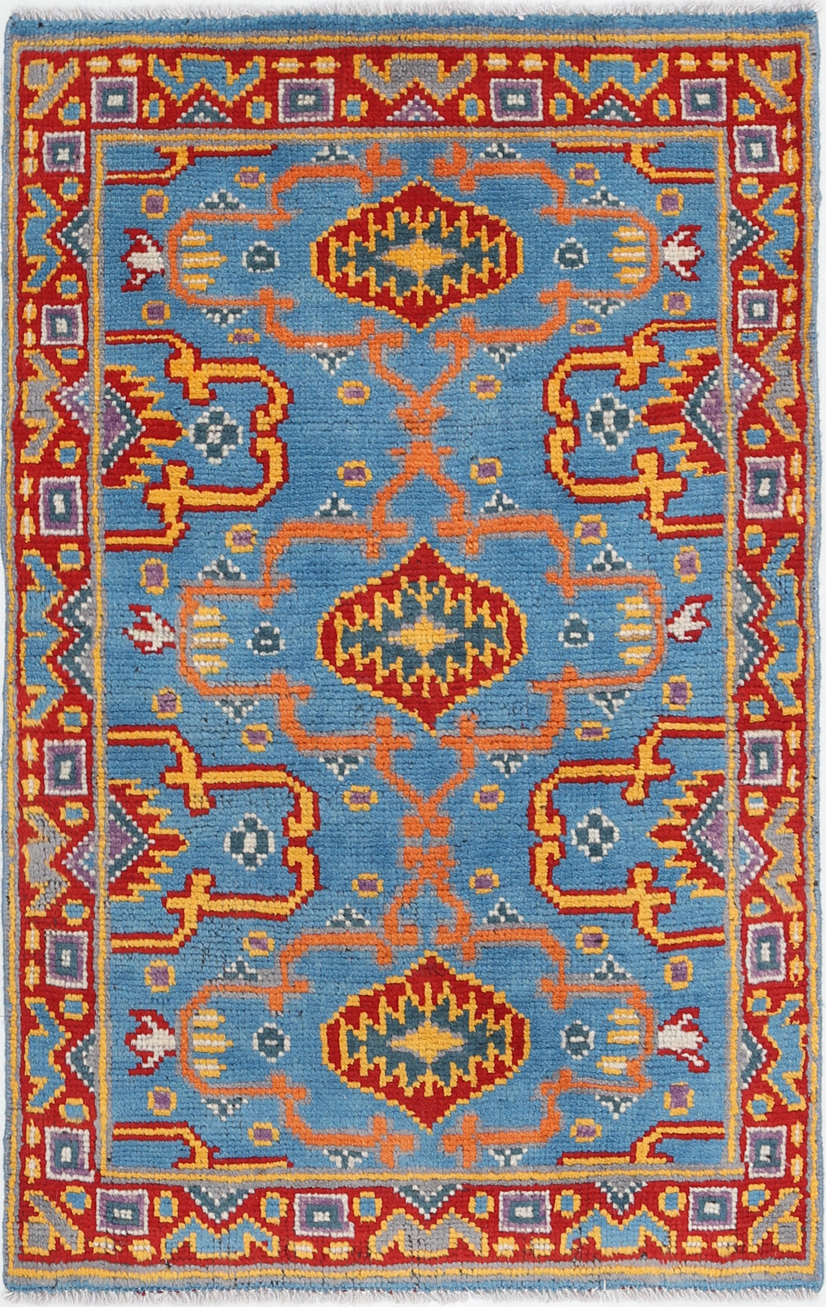 Blue Hand-Knotted Tribal Geometric Wool Rug - 2'4" x 3'10"