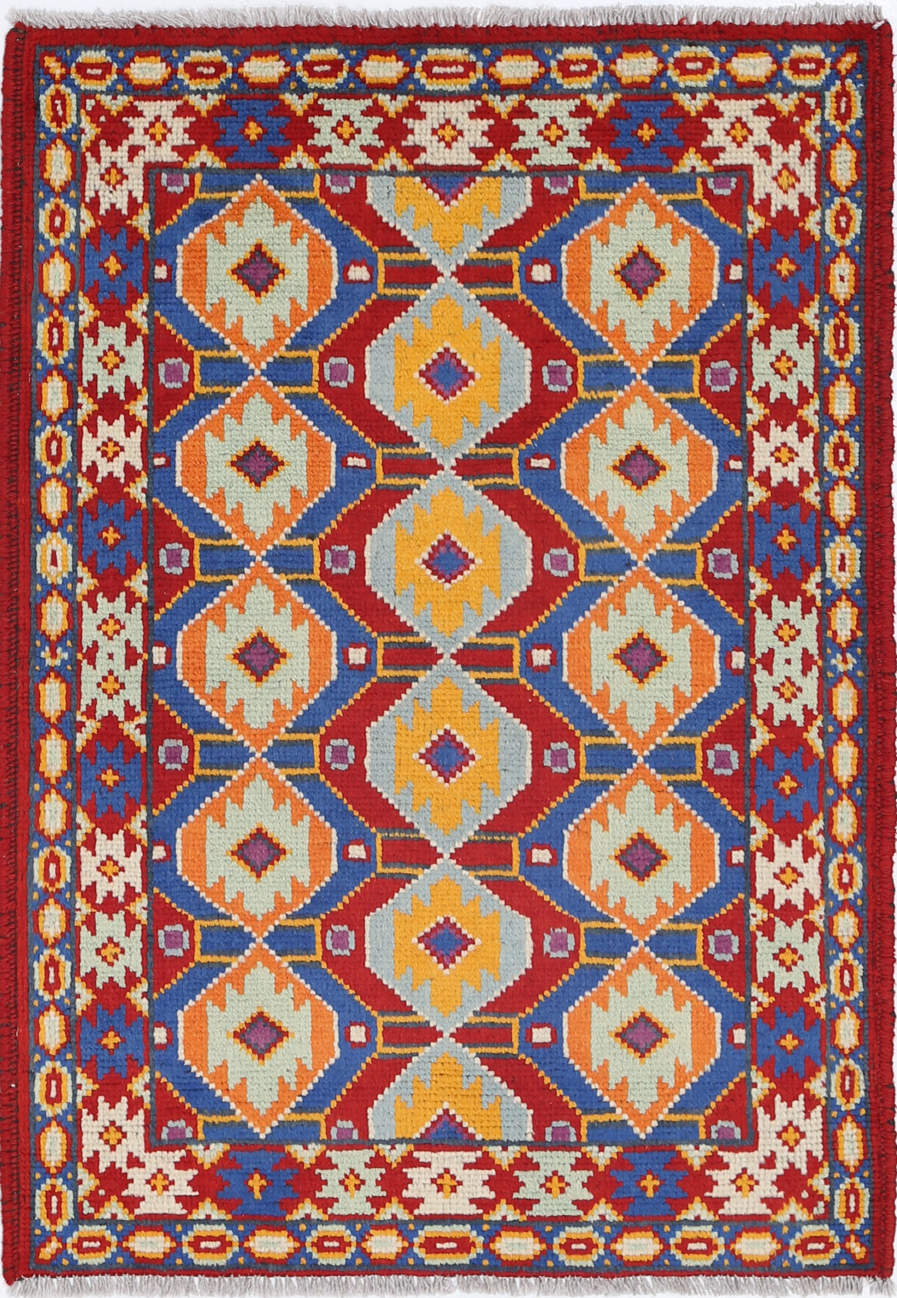 Red Hand-Knotted Tribal Geometric Wool Rug - 2'8" x 3'10"