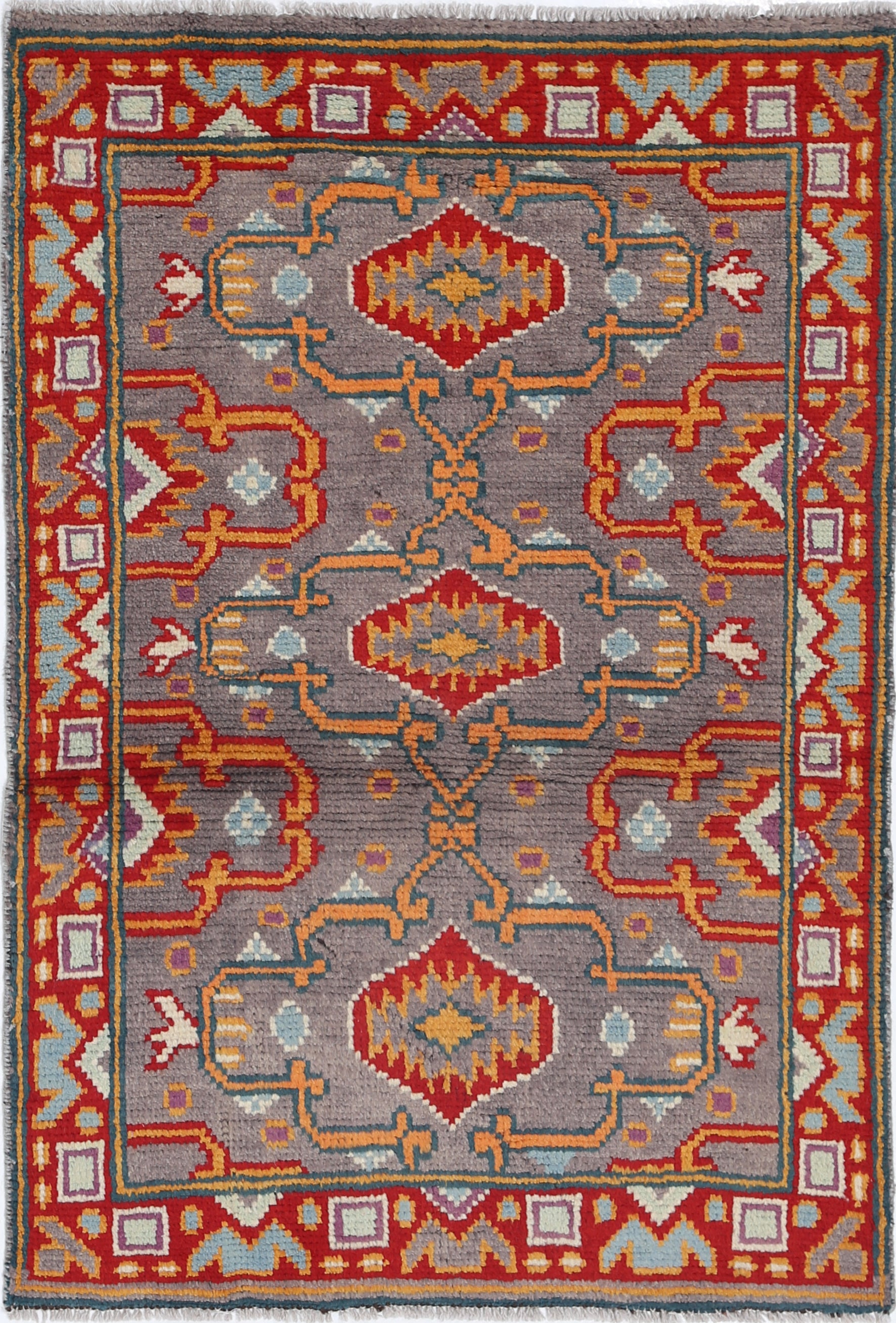 Grey Hand-Knotted Tribal Geometric Wool Rug - 2'8" x 4'0"