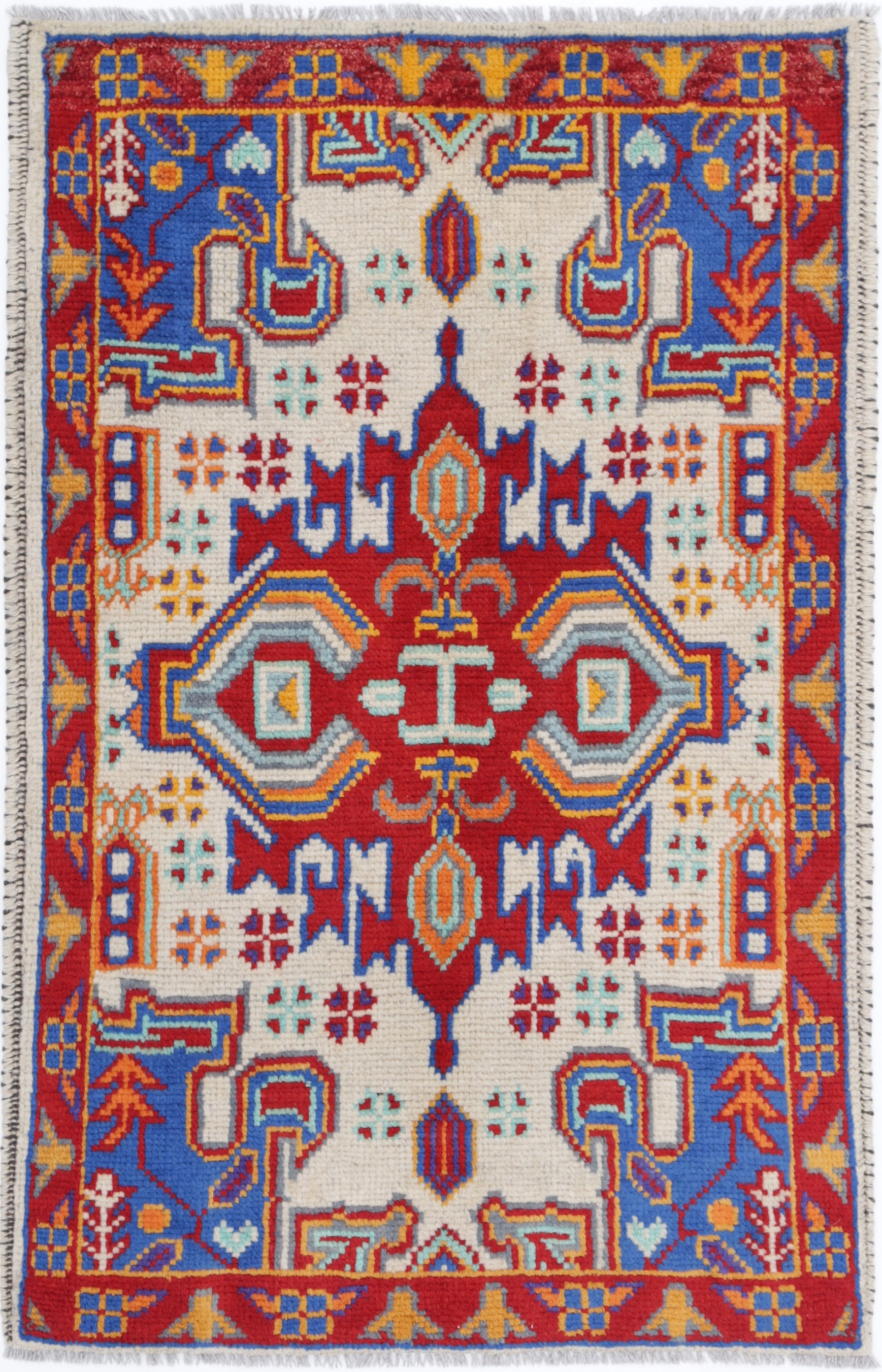 Ivory Hand-Knotted Tribal Geometric Wool Rug - 2'7" x 4'2"
