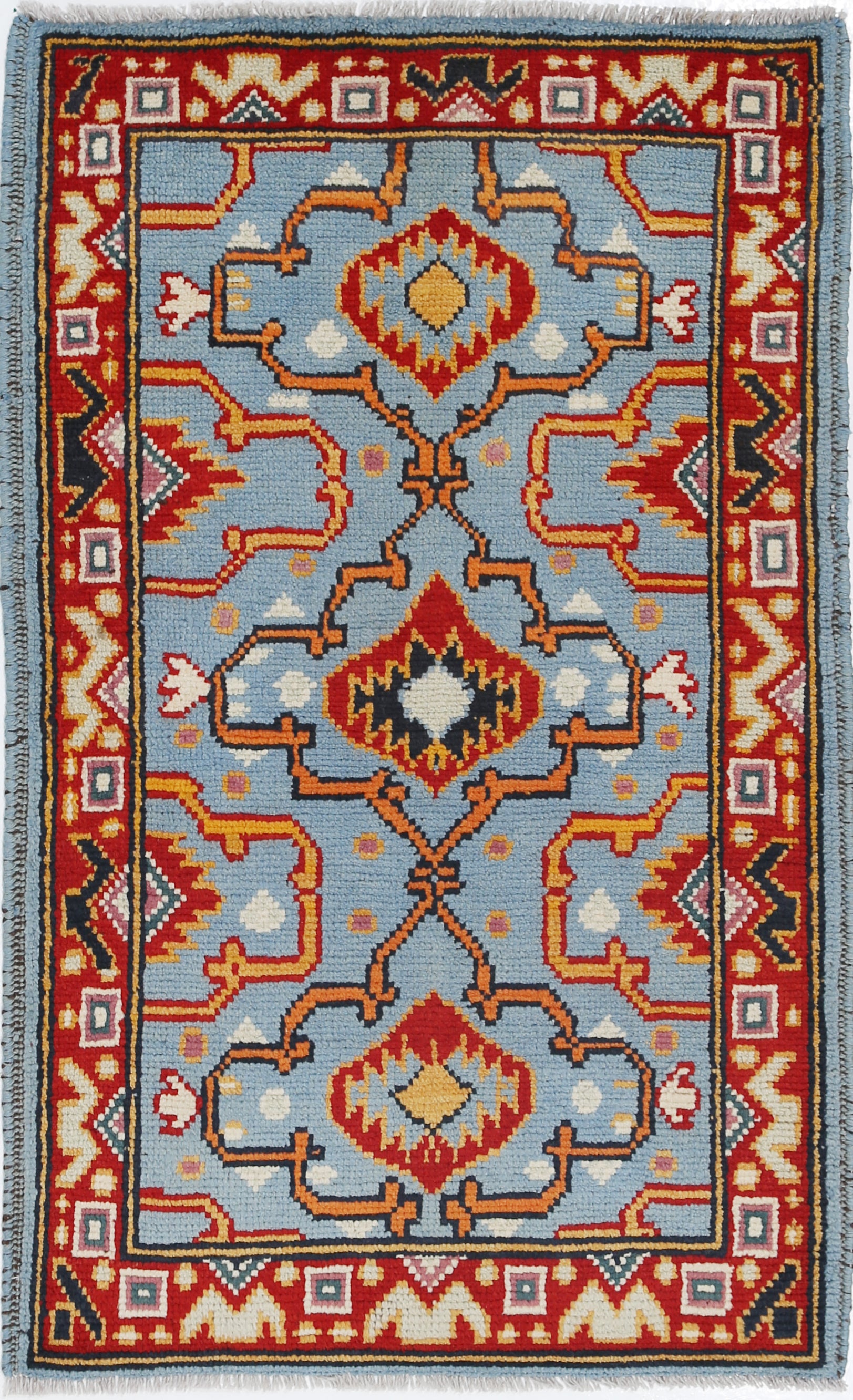 Blue Hand-Knotted Tribal Geometric Wool Rug - 2'6" x 4'1"